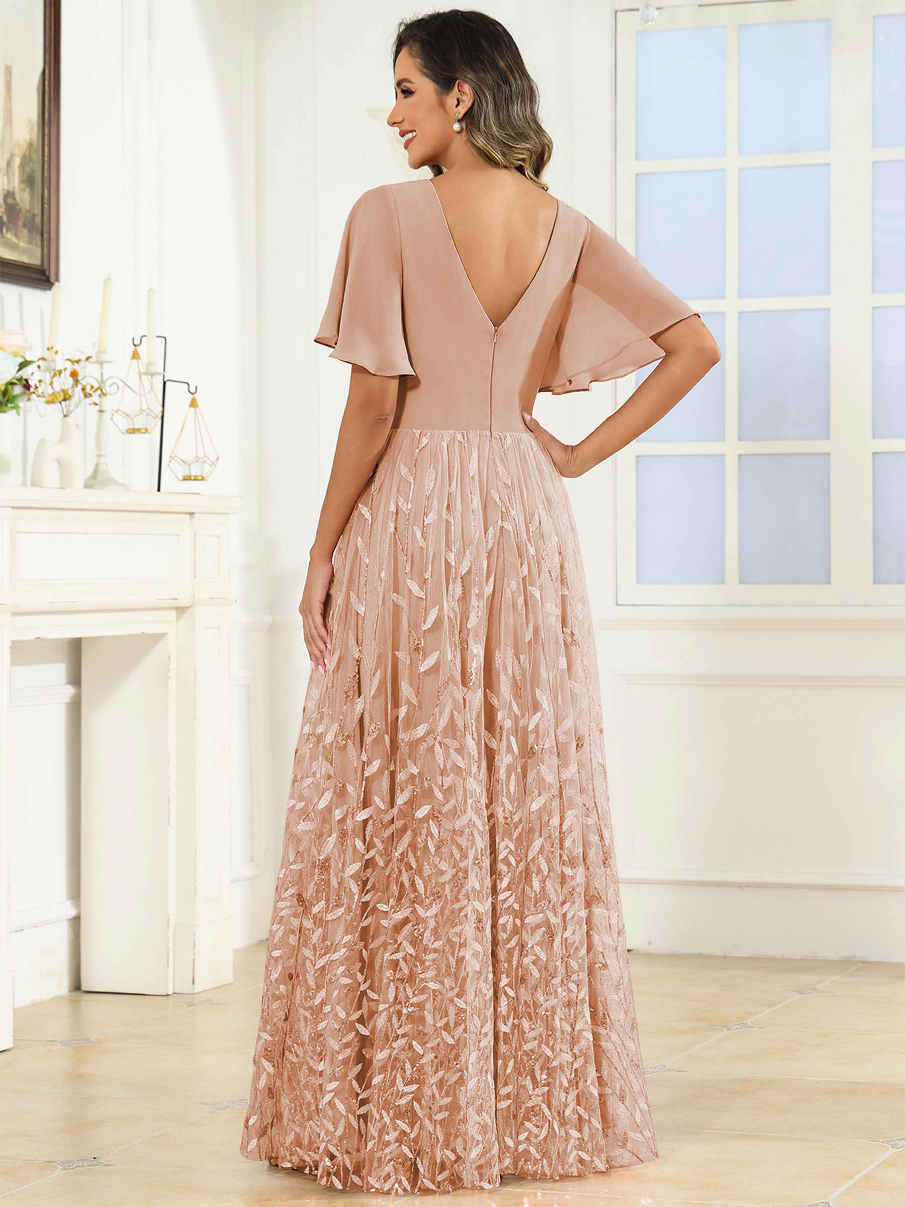 ROVDESY A-Line V-Neck Chiffon Sequin Mother Of The Bride Dress With Short Sleeves