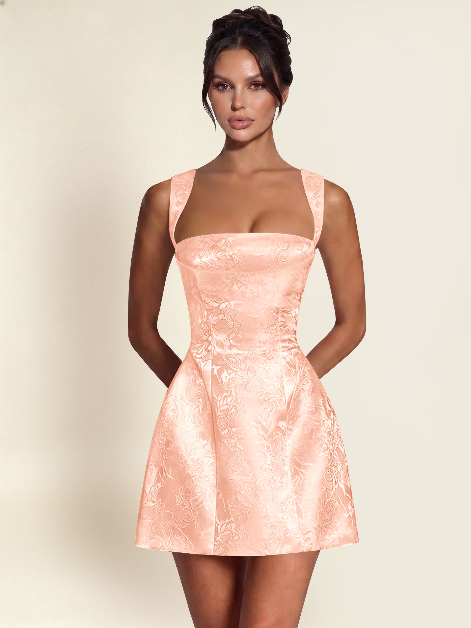 ROVDESY A-Line Square Neck Jacquard Satin Homecoming Mini Dress