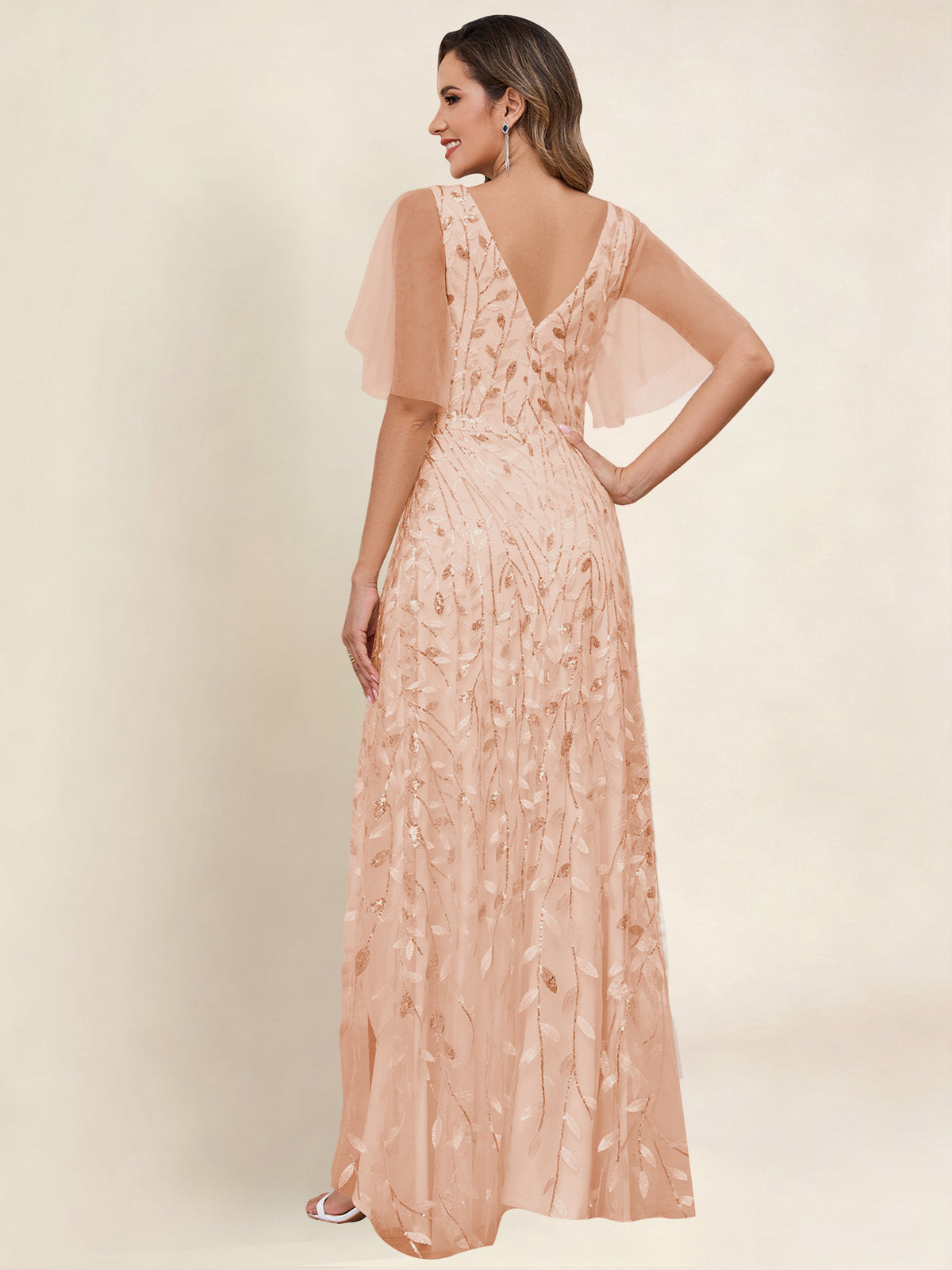 V Neck Sequin Tulle A Line Mother of the Bride Dress with Sleeves