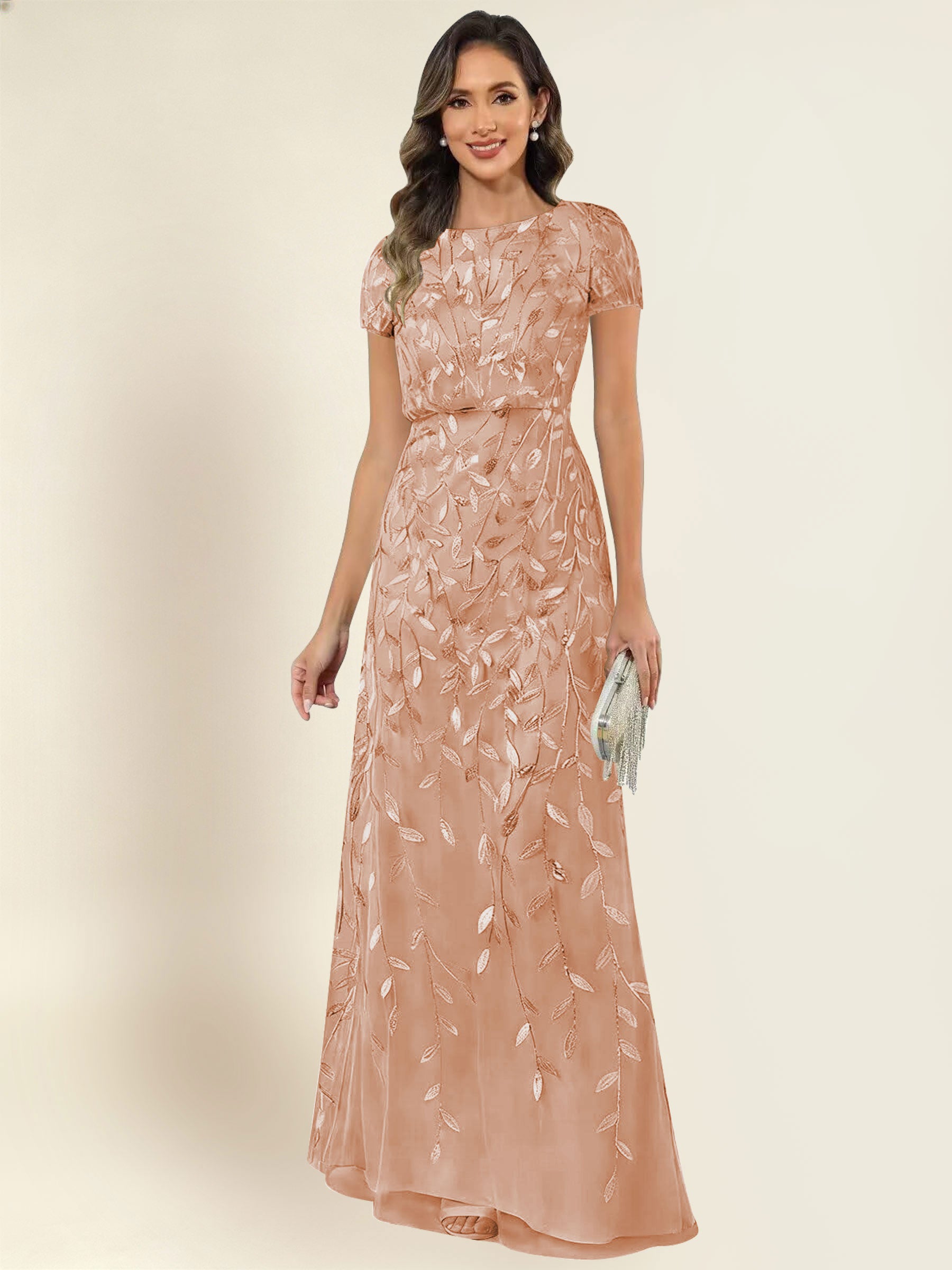 ROVDESY Sequin Mermaid Long Mother Of The Bride Dress With Short Sleeves Formal Gown