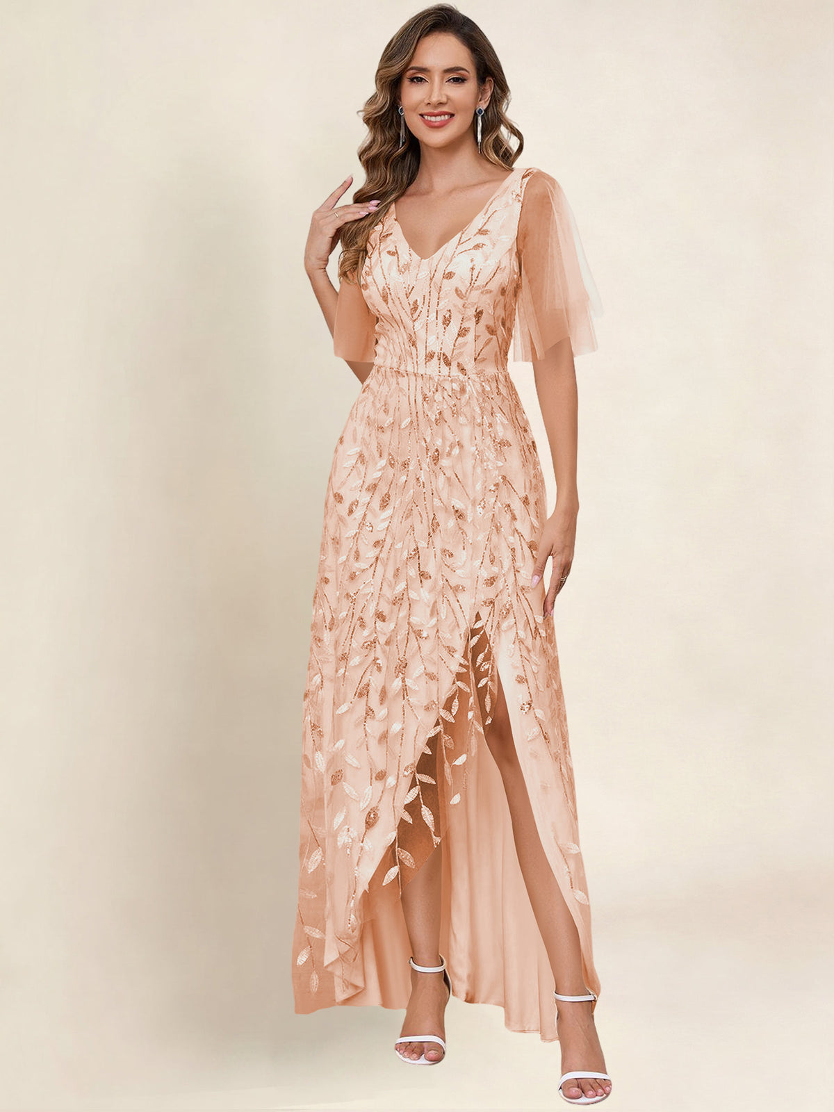 V Neck Sequin Tulle A Line Mother of the Bride Dress with Sleeves
