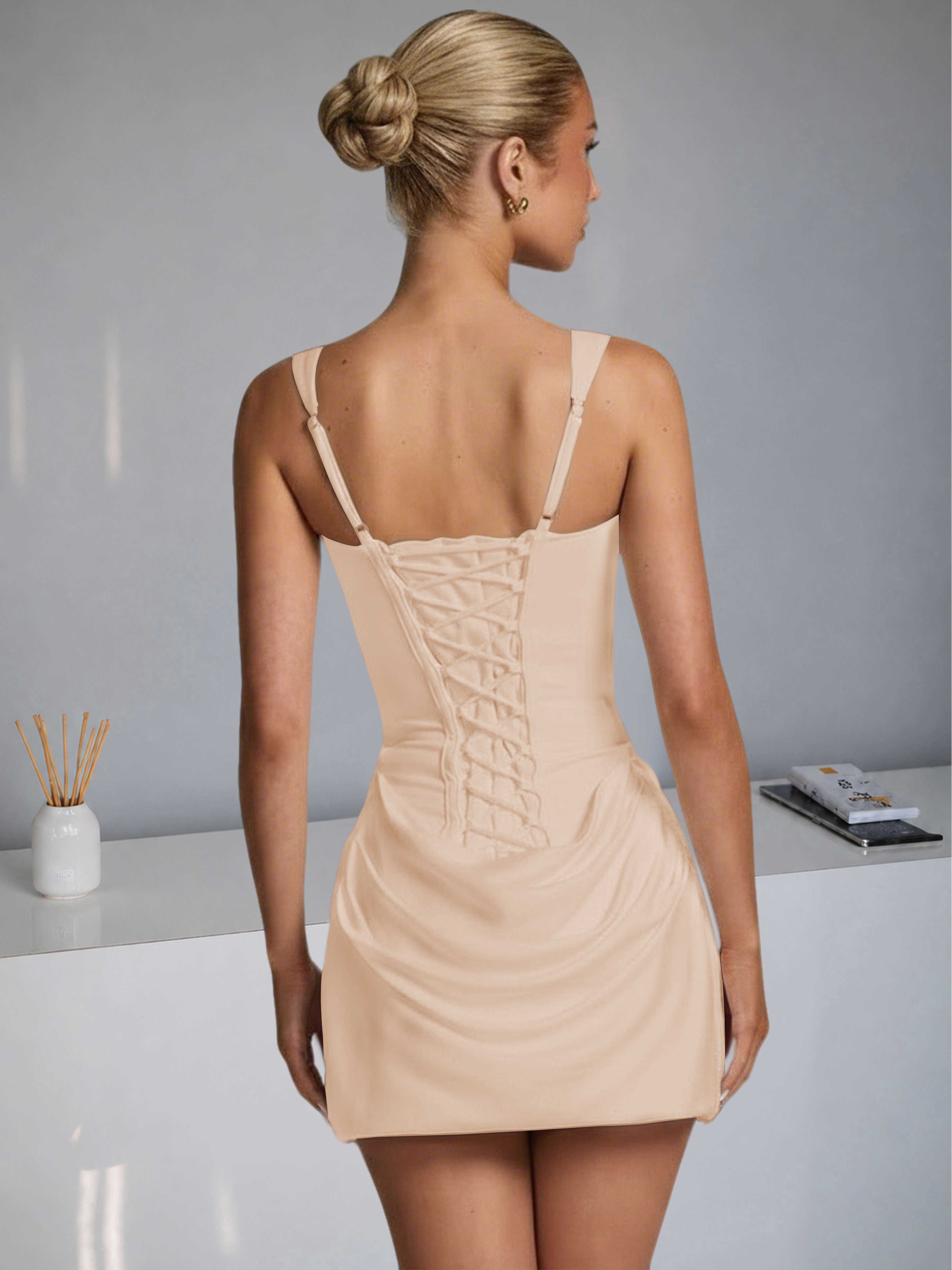ROVDESY Square Neck Ruched Satin Homecoming Mini Dress