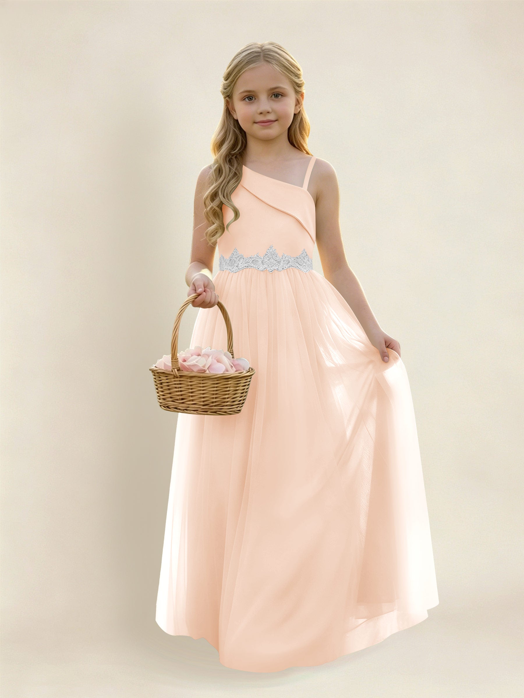 ROVDESY Asymmetric One Shoulder  Satin  Tulle Junior Bridesmaid Dress