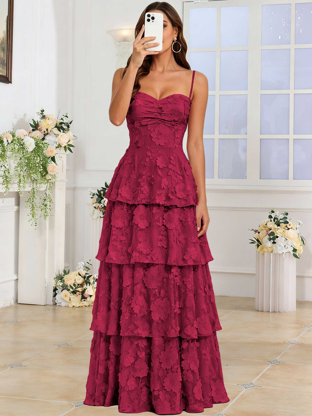 Spaghetti Strap 3D Floral Tiered Tulle Formal Prom Dress