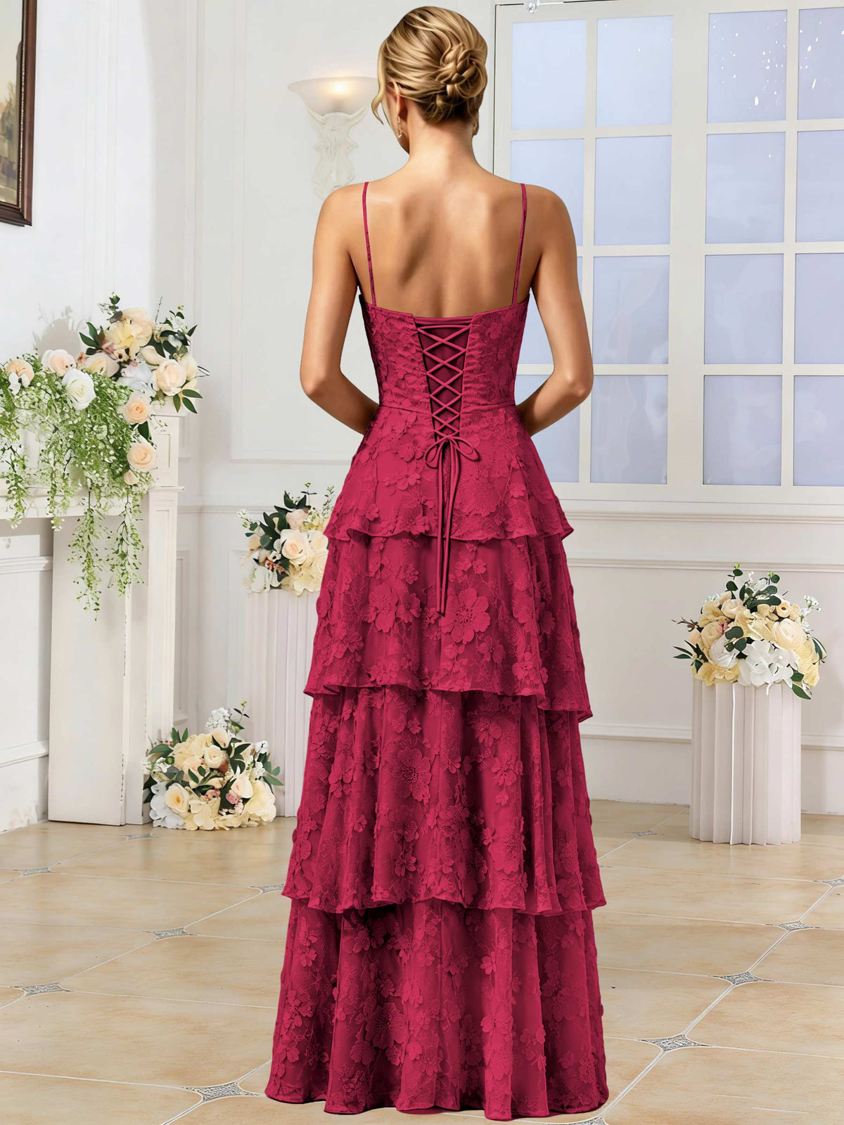 Spaghetti Strap 3D Floral Tiered Tulle Formal Prom Dress