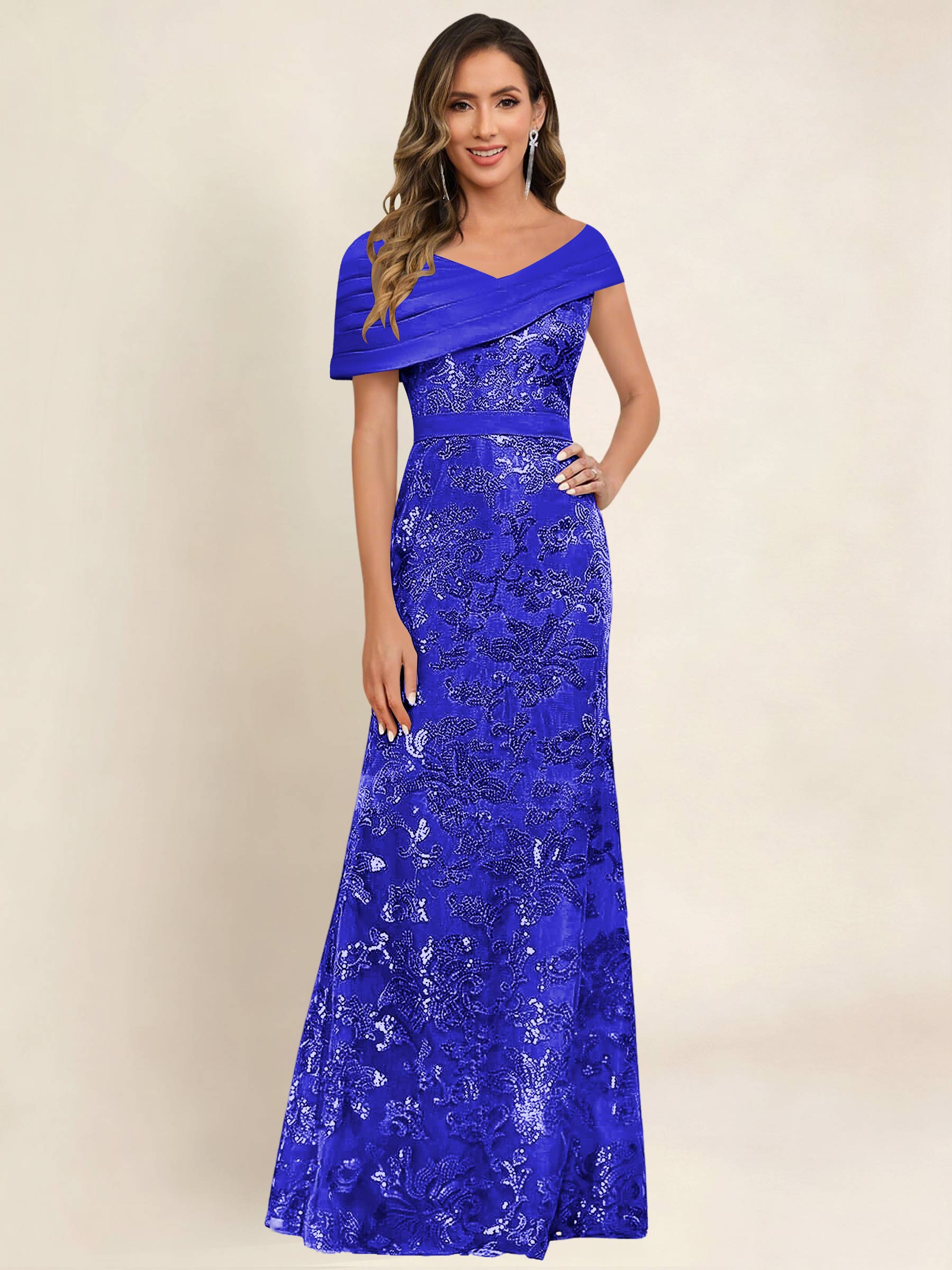 ROVDESY Off the Shoulder Sequin Mermaid Long Mother Of The Bride Dress Formal Gown