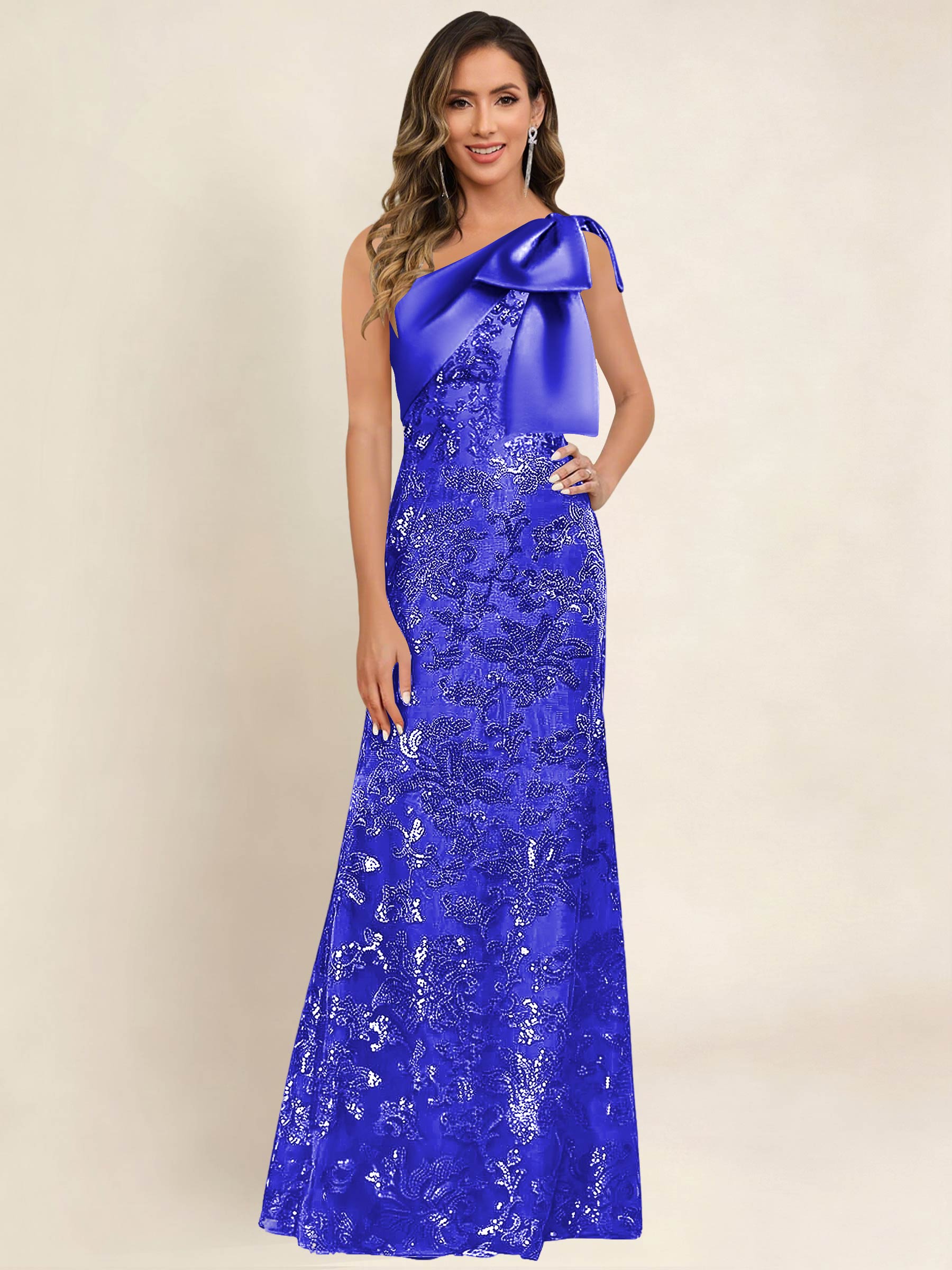 ROVDESY One Shoulder Sequin Mermaid Long Mother Of The Bride Dress Formal Gown With Bow