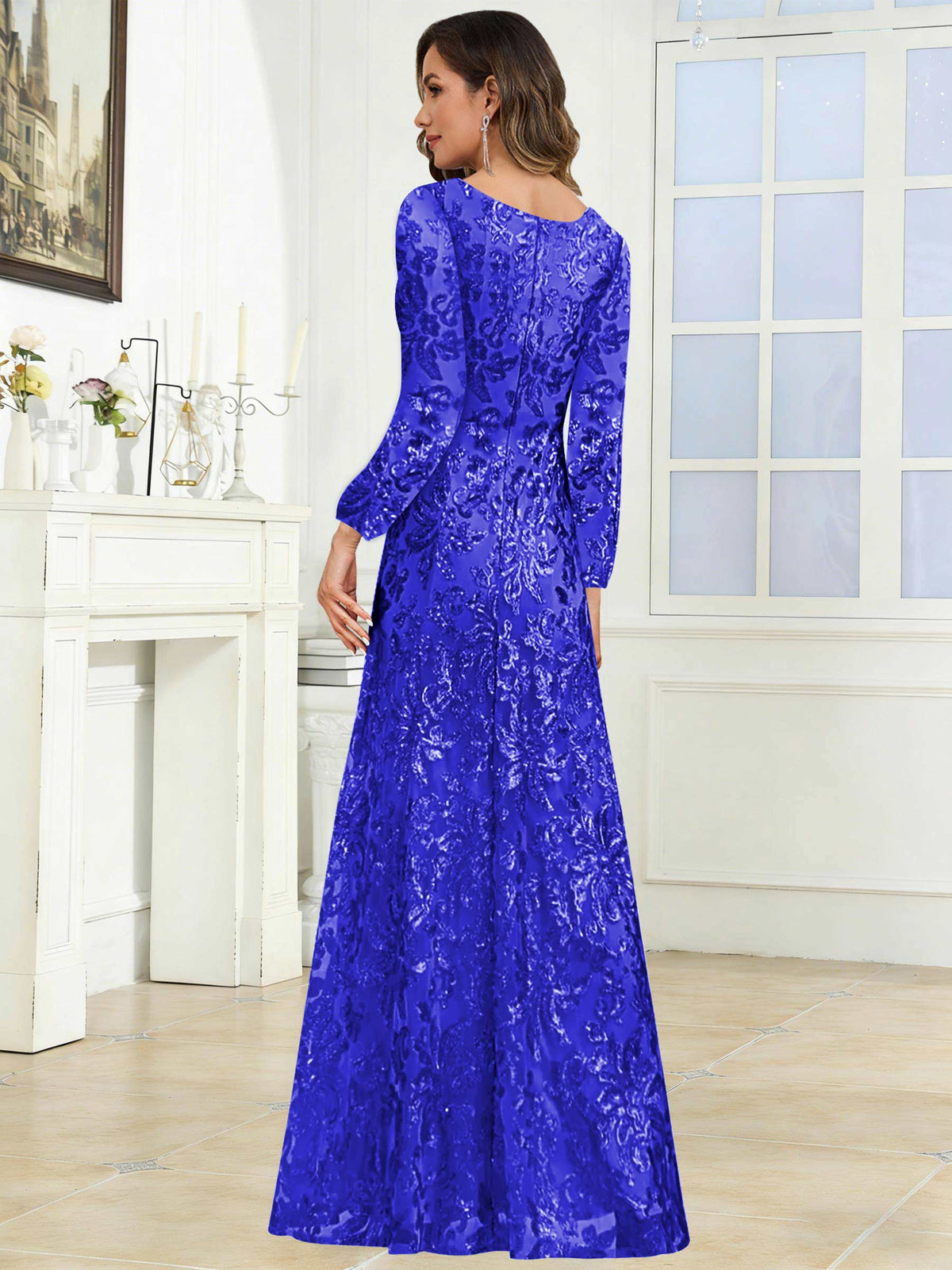 Crew Neck Sequin Lace Long Sleeve Mother of the Bride Dress