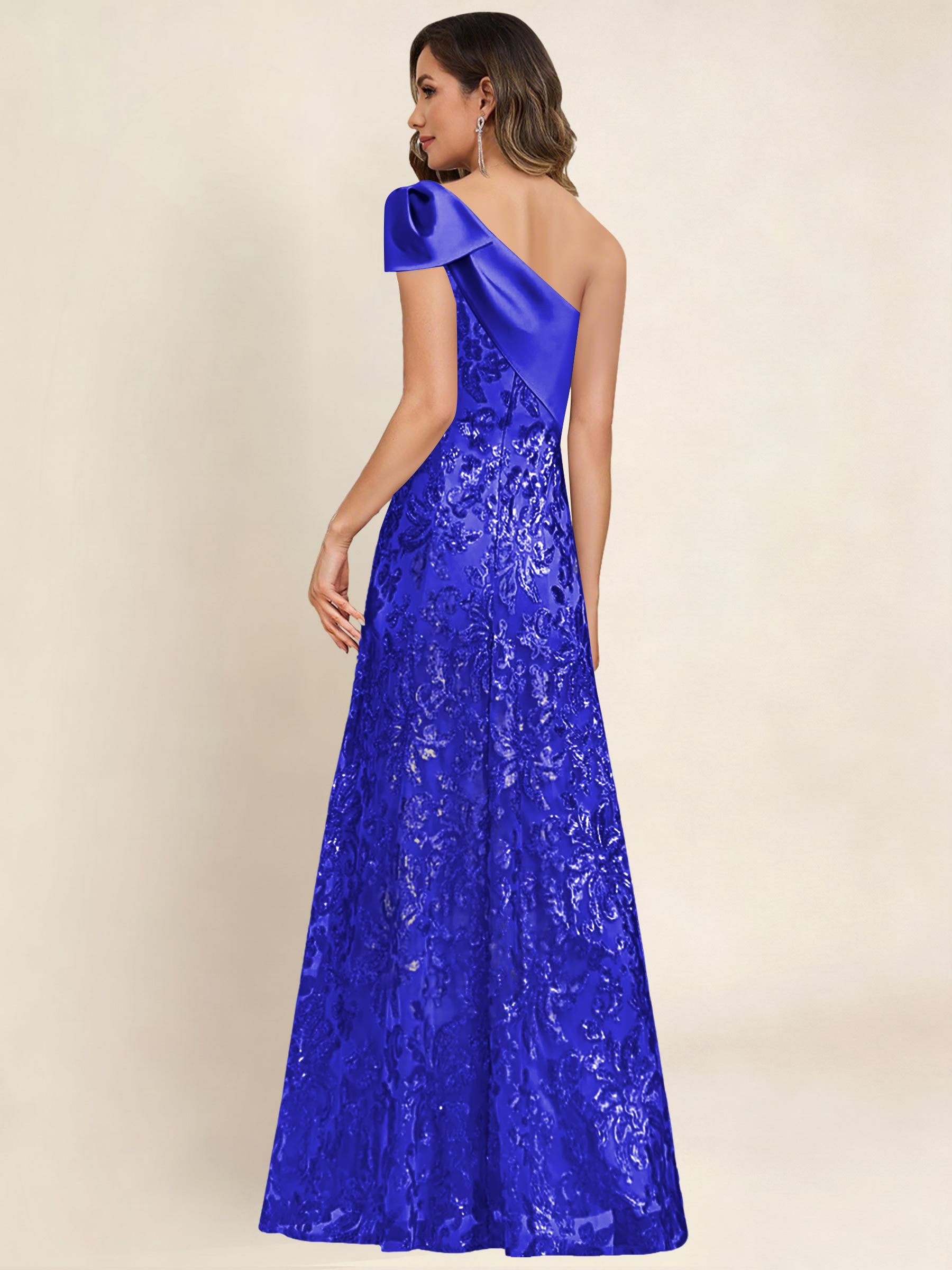 ROVDESY One Shoulder Sequin Mermaid Long Mother Of The Bride Dress Formal Gown With Bow