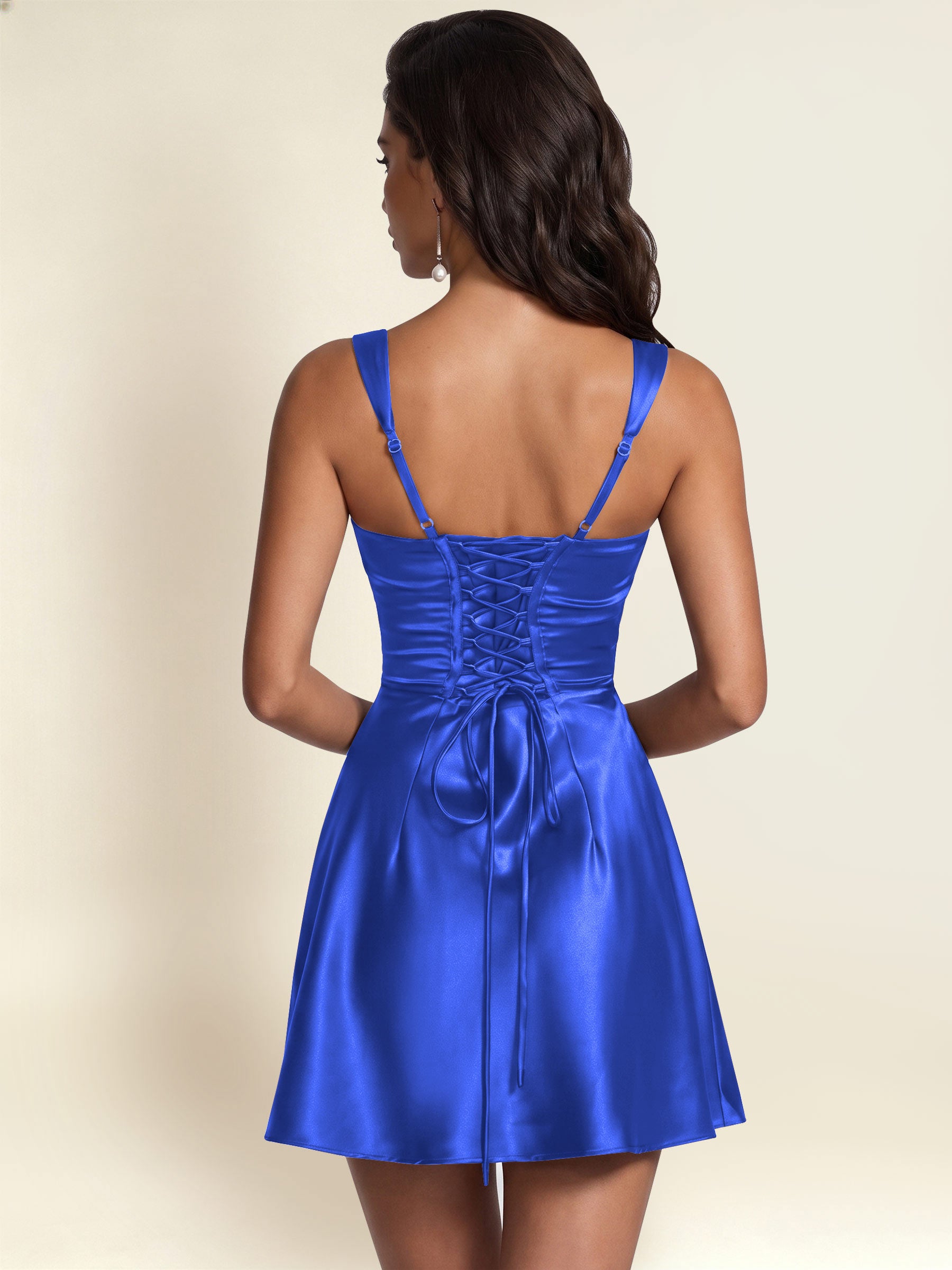 ROVDESY Square Neck Pleated Satin Homecoming Mini Dress
