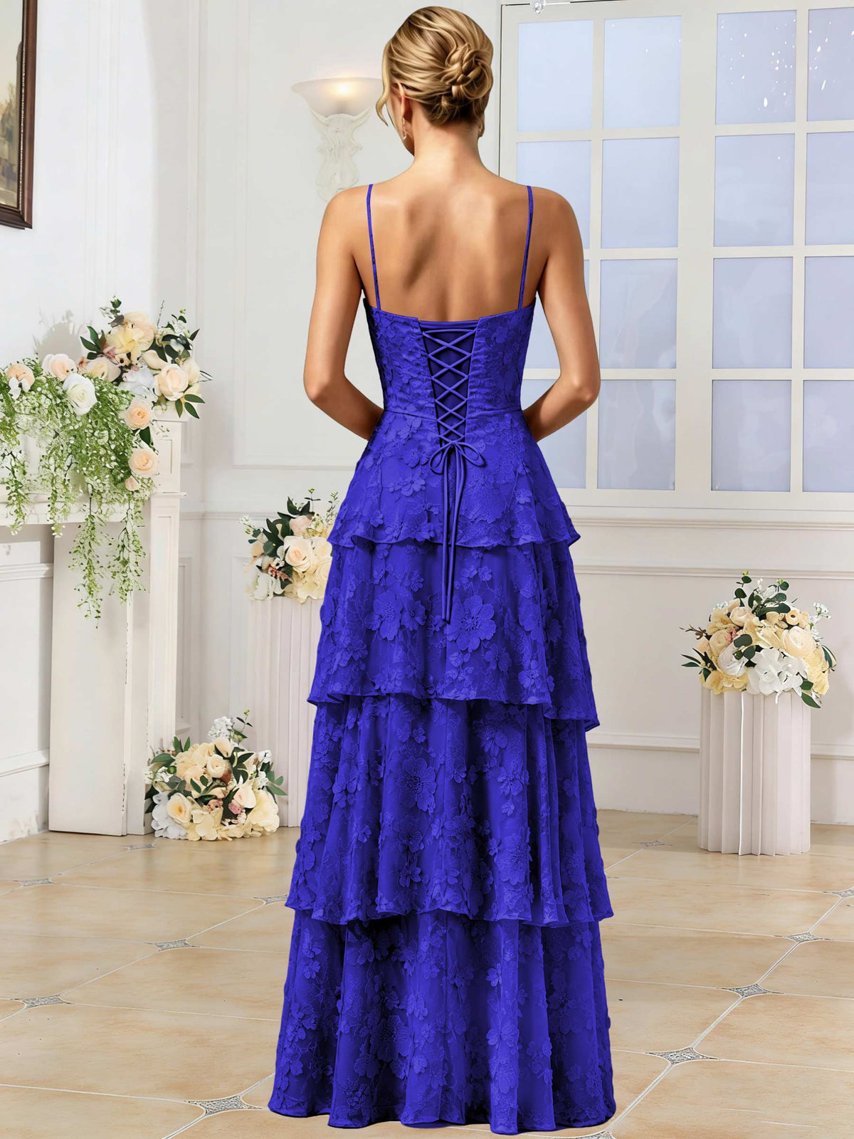 Spaghetti Strap 3D Floral Tiered Tulle Formal Prom Dress