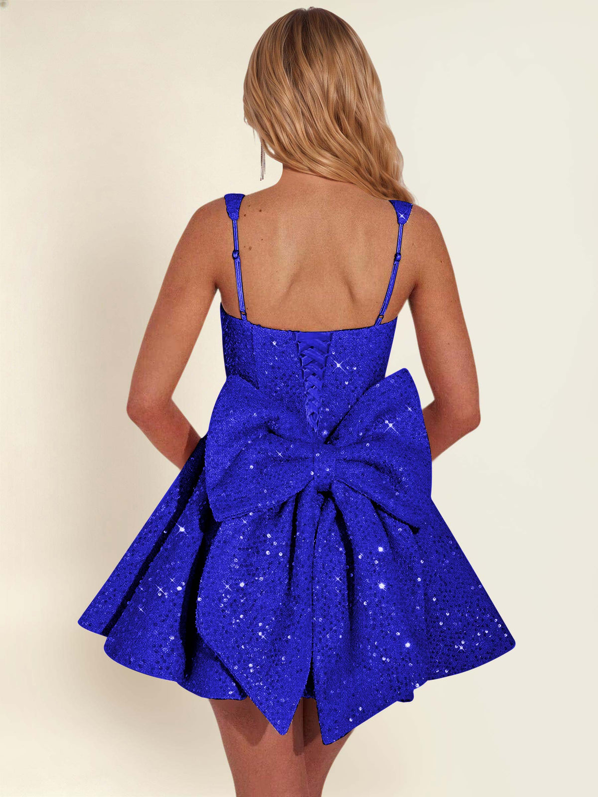 ROVDESY Sparkly Sequin A-Line Square Neck Homecoming Mini Dress With Big Bow