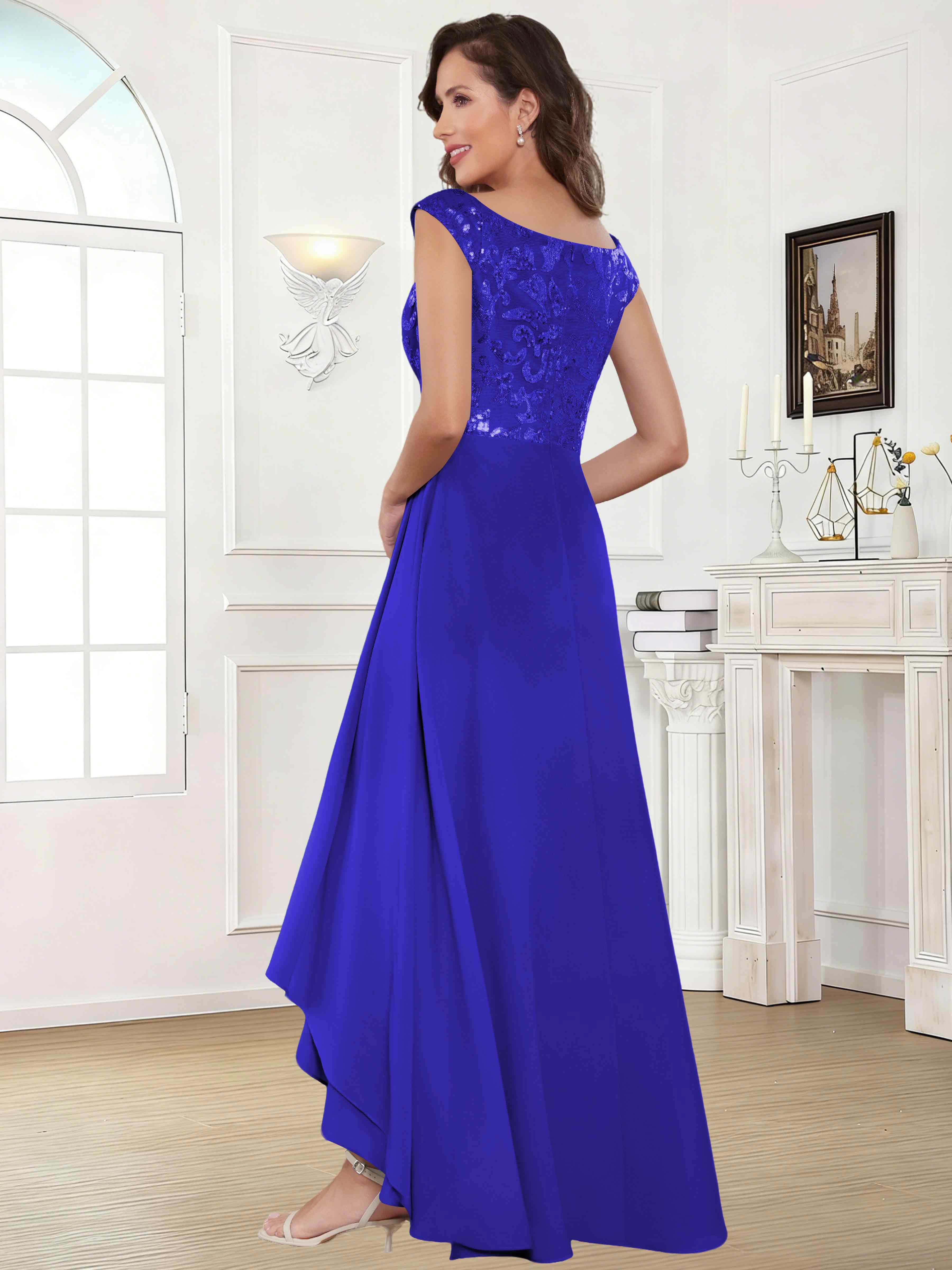 ROVDESY Tea Length Off-The-Shoulder Sequin Chiffon Mother Of The Bride Dress