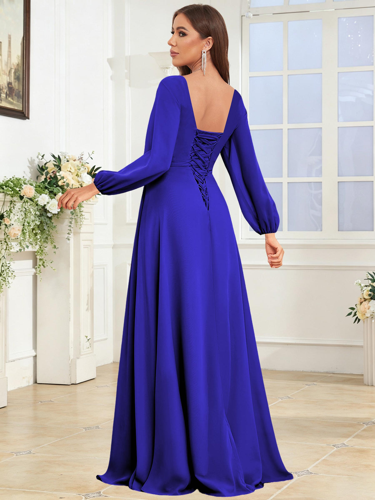 V Neck Chiffon Long Sleeve Bridesmaid Dresses with Slit