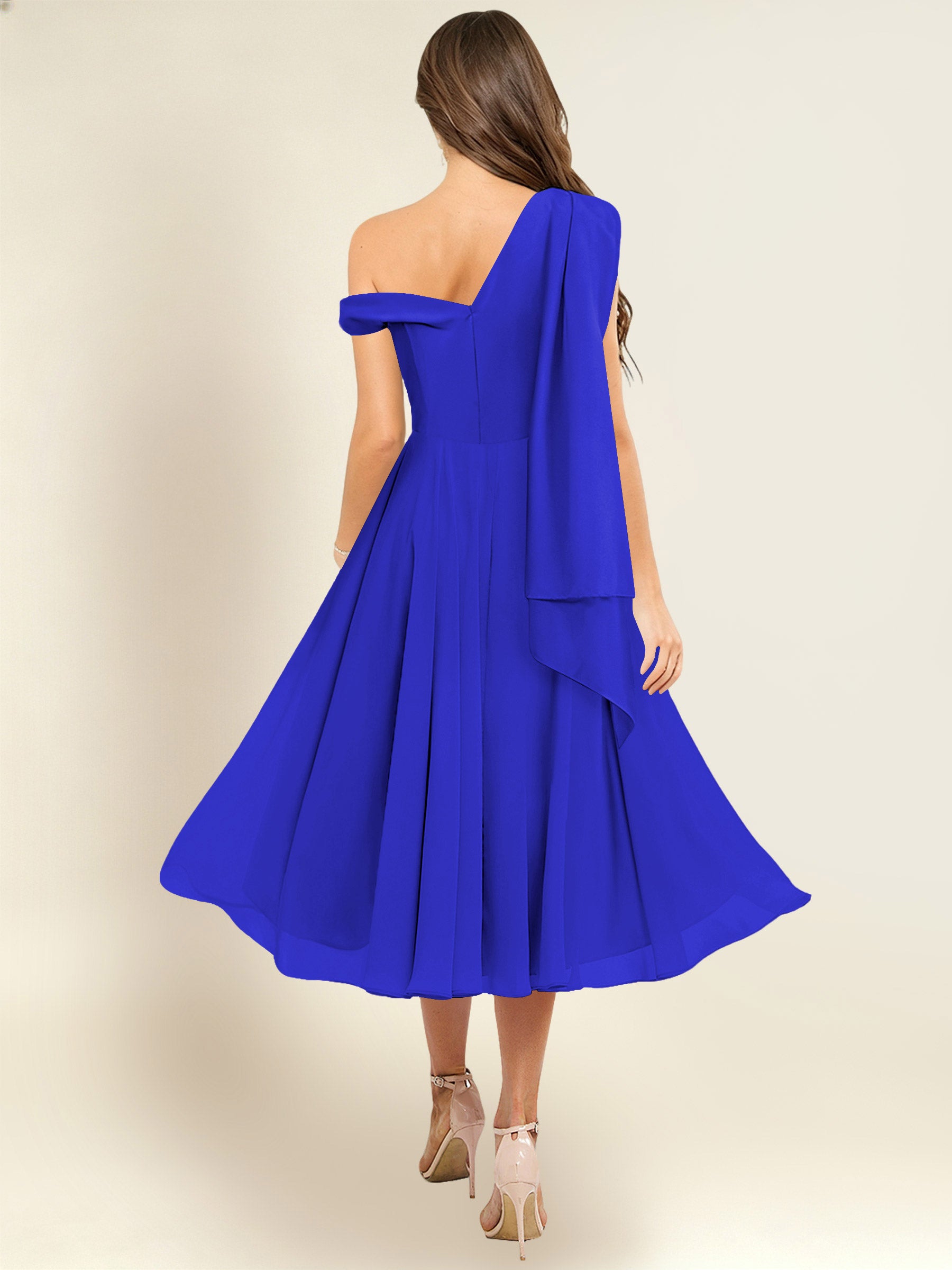 ROVDESY A-Line One Shoulder Pleated Chiffon Bridesmaid Dress With Flowing Sash