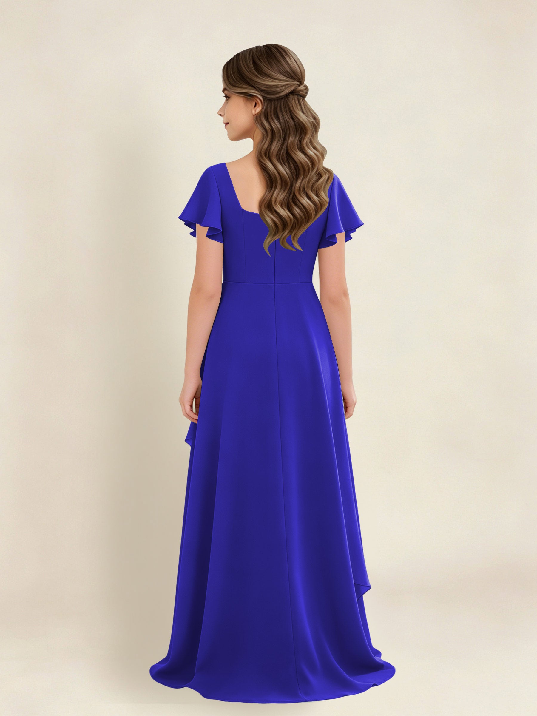 ROVDESY A-Line Square Neck Ruffle Chiffon Junior Bridesmaid Dress With Short Sleeves