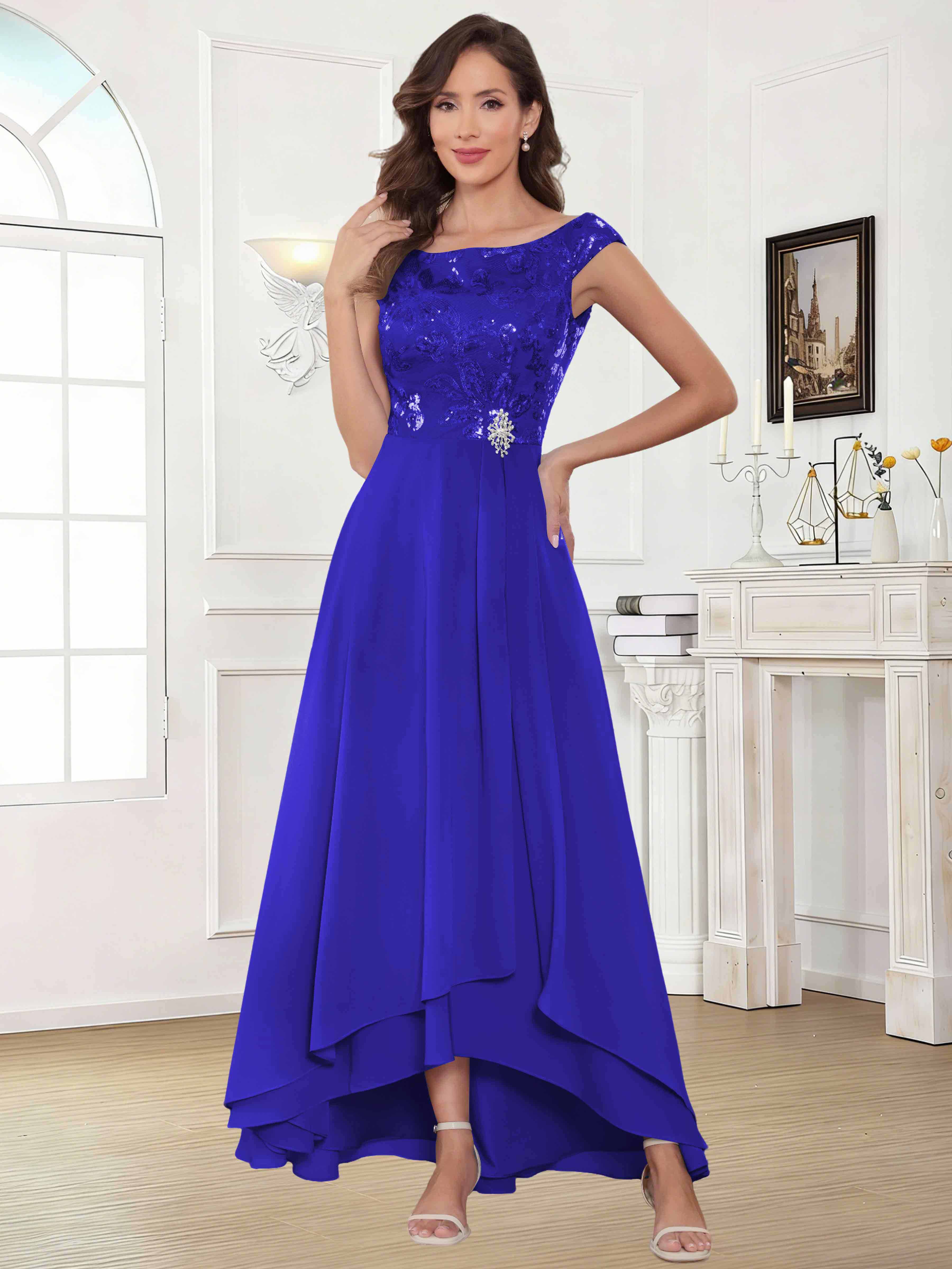 ROVDESY Tea Length Off-The-Shoulder Sequin Chiffon Mother Of The Bride Dress