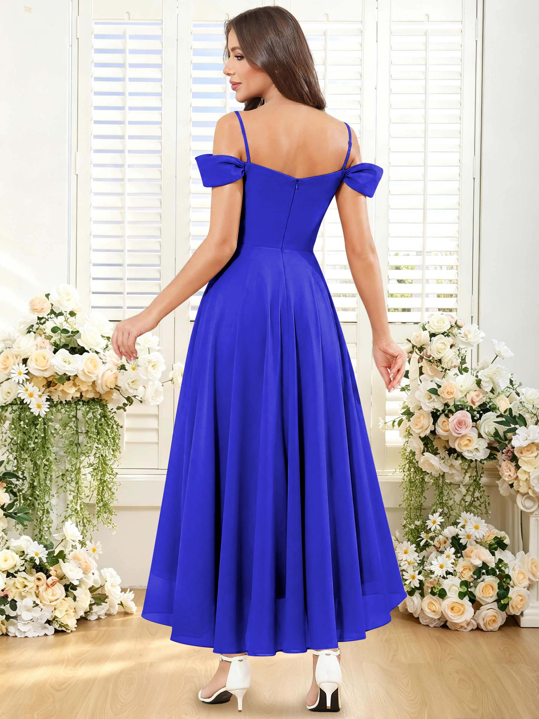 ROVDESY ROVDESY Short Cold Shoulder Sweetheart High Low Pleated Chiffon Bridesmaid Dress