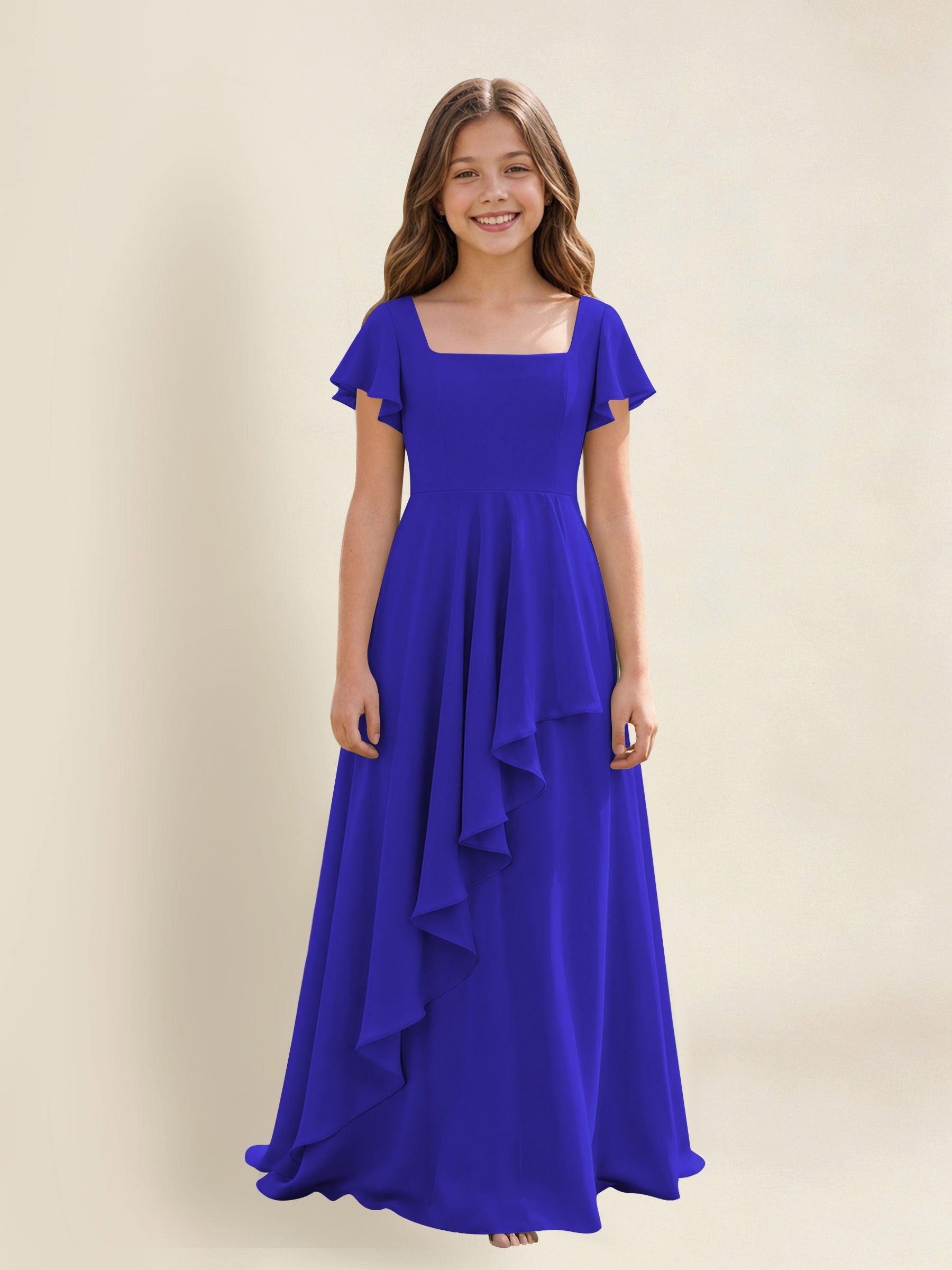 ROVDESY A-Line Square Neck Ruffle Chiffon Junior Bridesmaid Dress With Short Sleeves