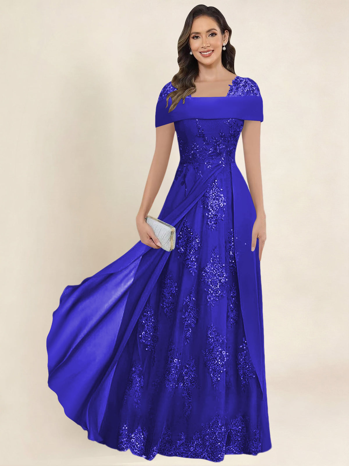 ROVDESY A-Line Off The Shoulder Lace Chiffon Long Mother of the Bride Dress Formal Gown