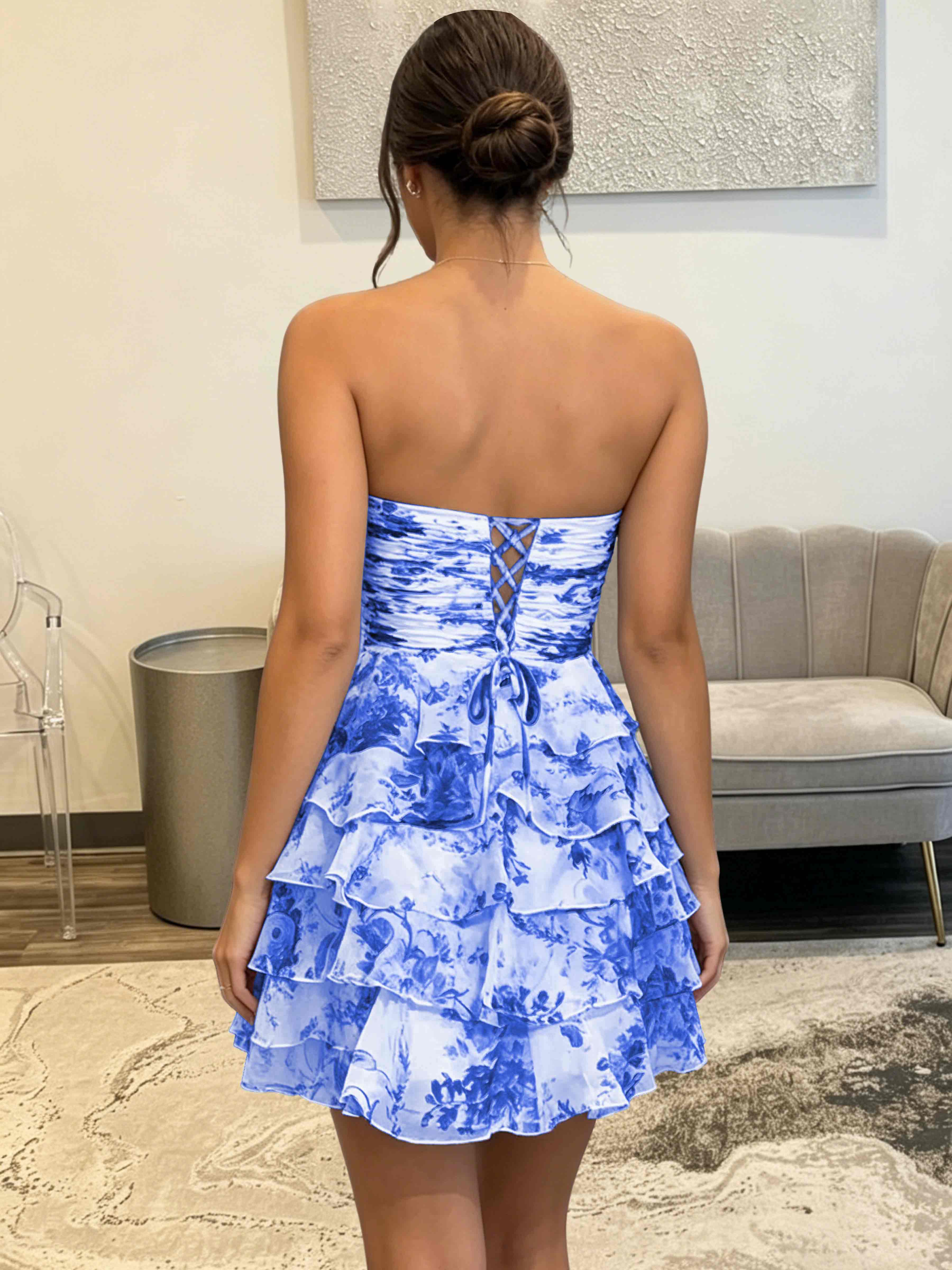 ROVDESY Strapless Tiered Ruffle Floral Print Chiffon Homecoming Mini Dress