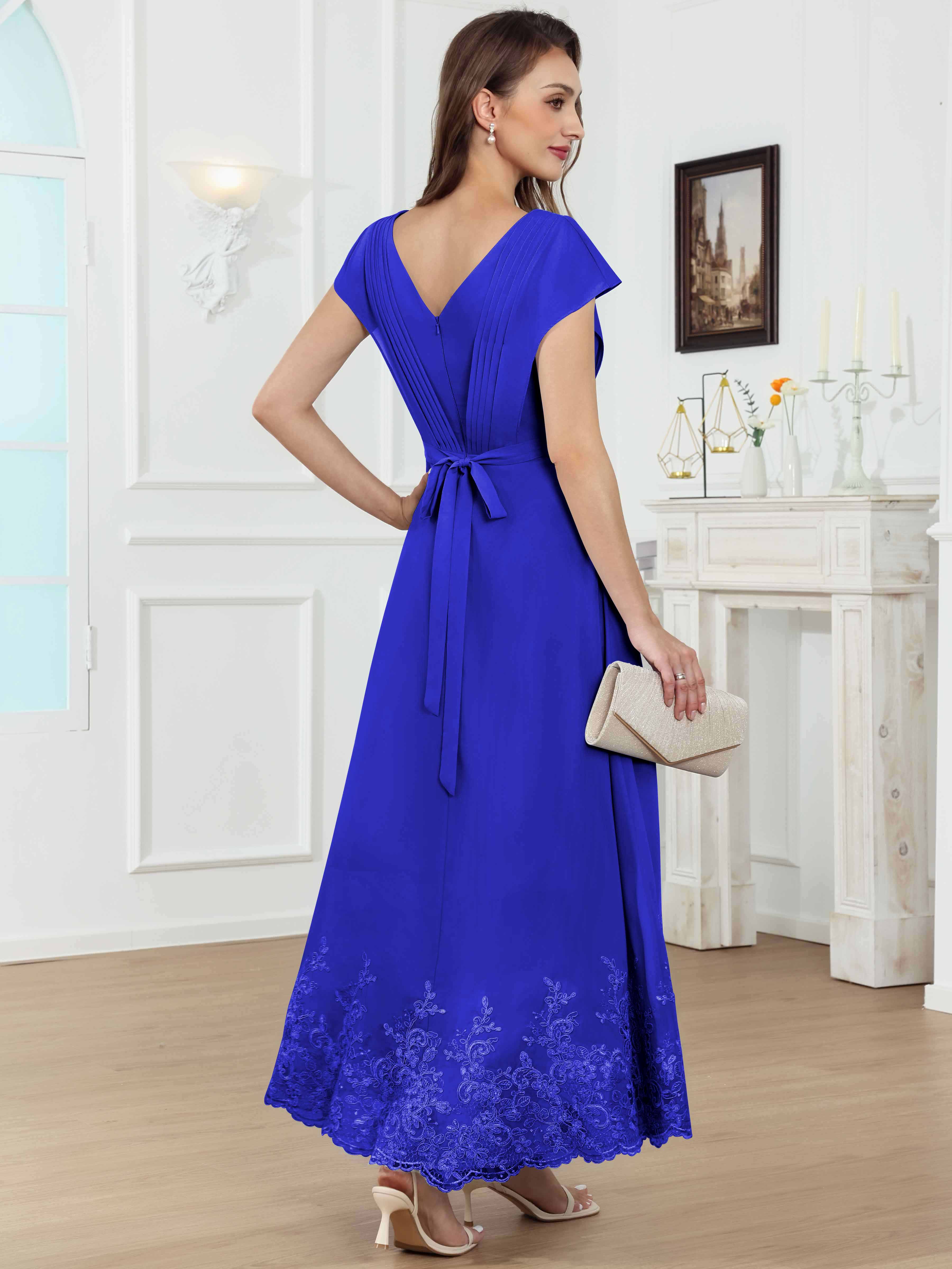 ROVDESY Tea Length High-Low V-Neck Ruched Lace Chiffon Mother of The Bride Dress for Women