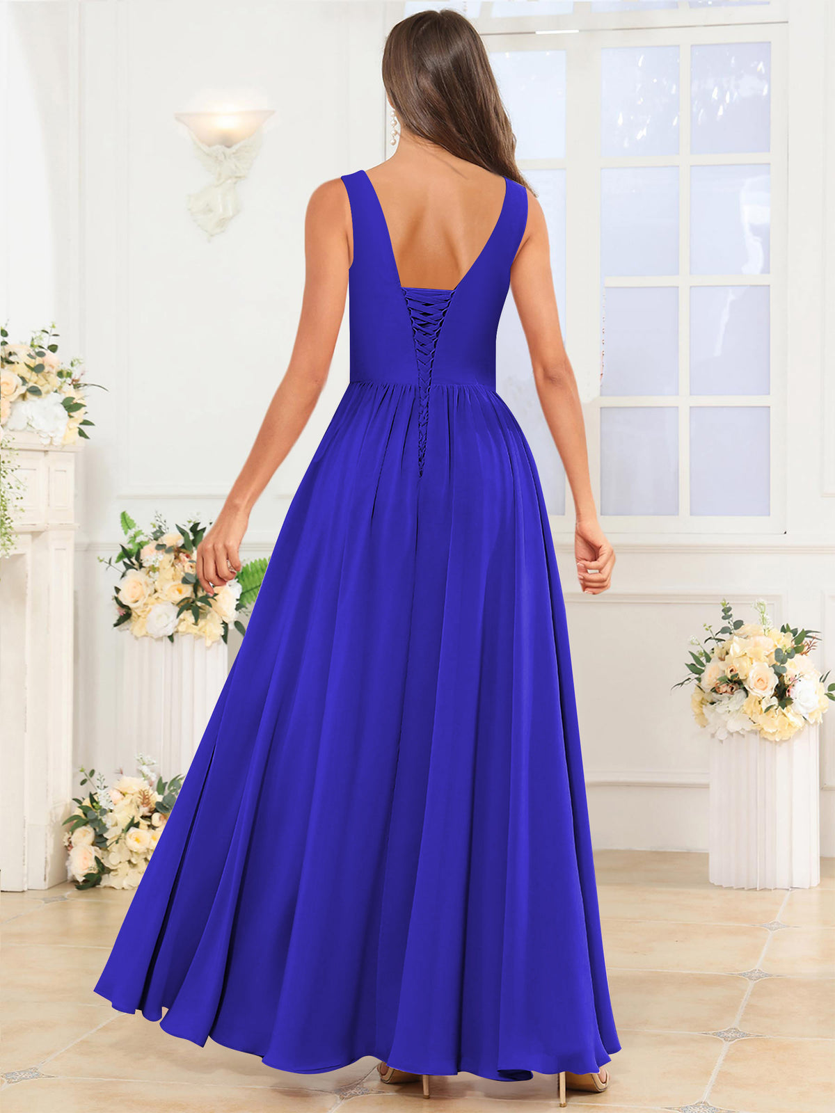 V Neck Chiffon A Line Bridesmaid Dress with Slit