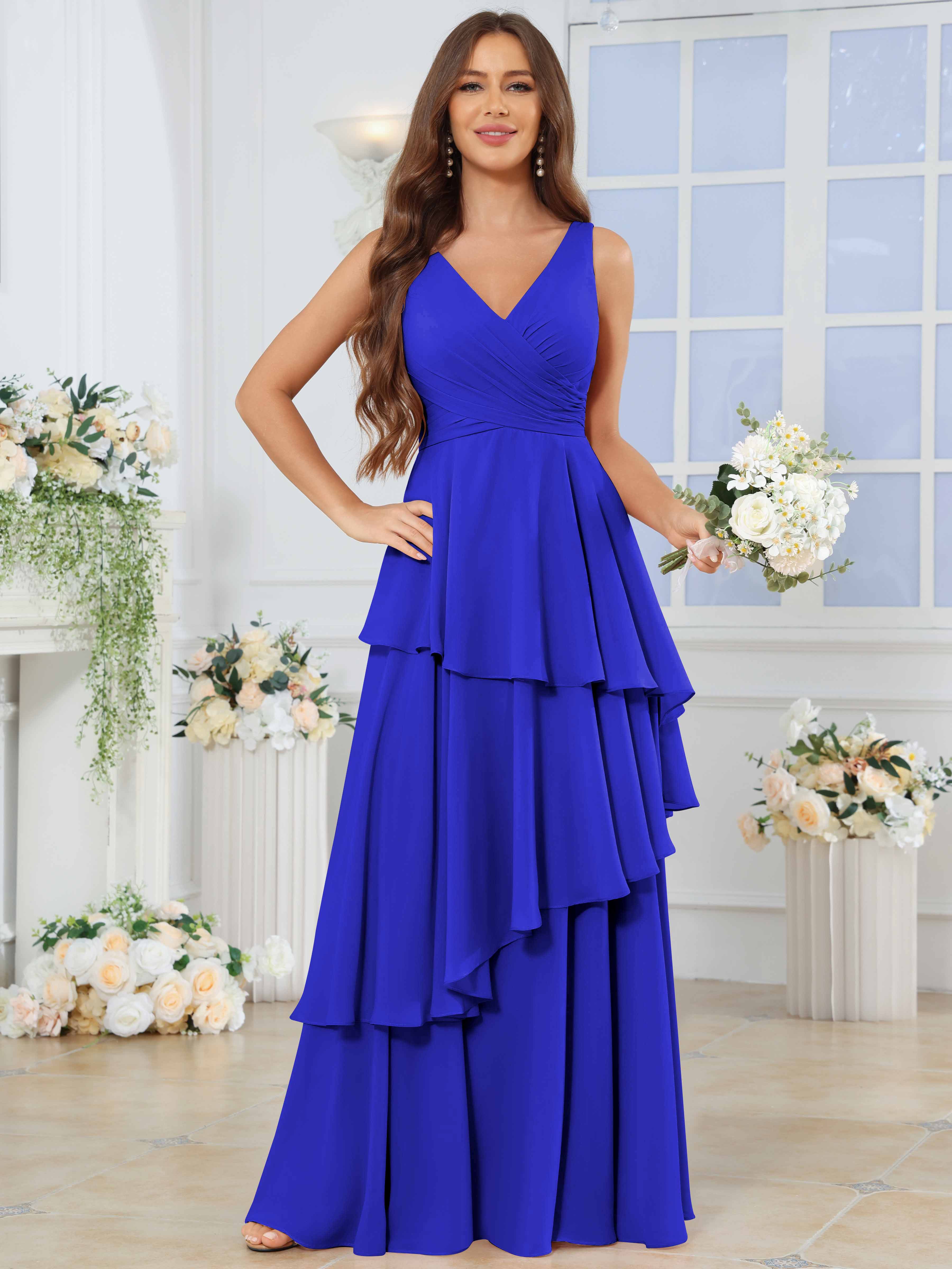 ROVDESY Long Sleeveless V-Neck Tiered Pleated Chiffon Bridesmaid Dress