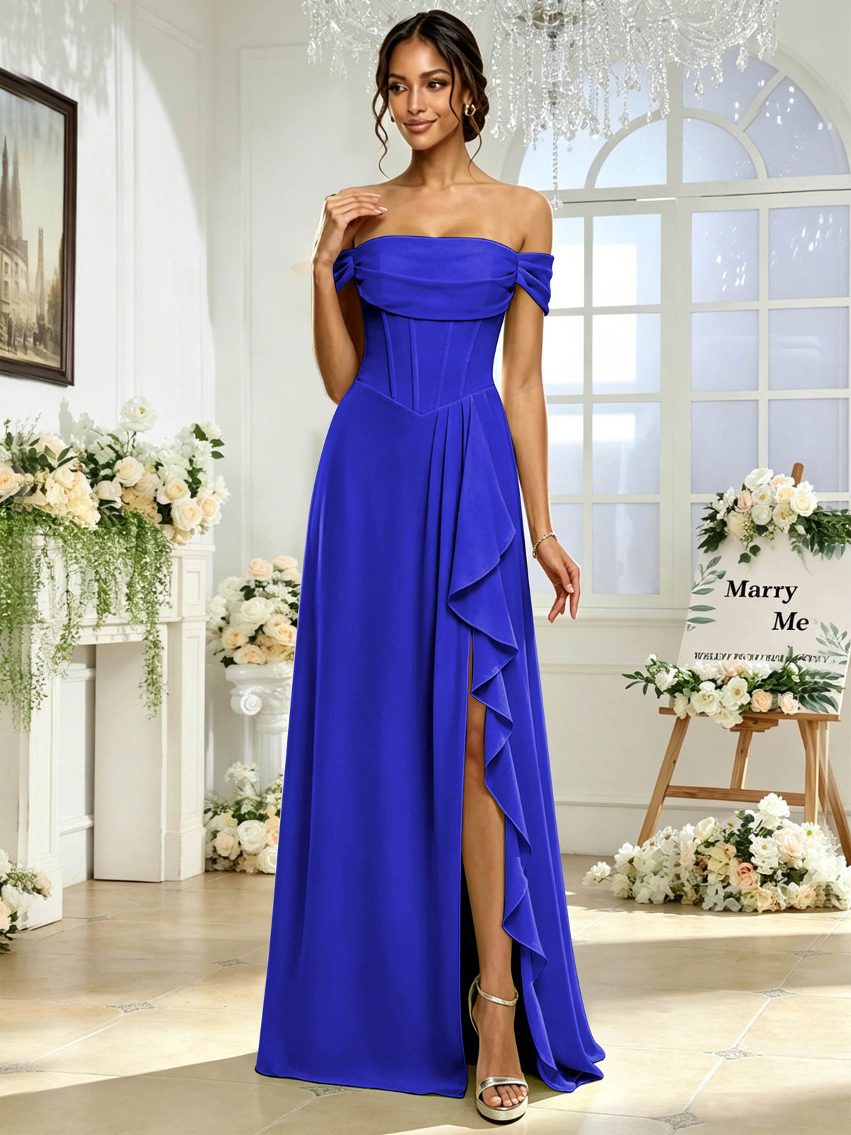 Off the Shoulder Chiffon A Line Long Bridesmaid Dress with Slit