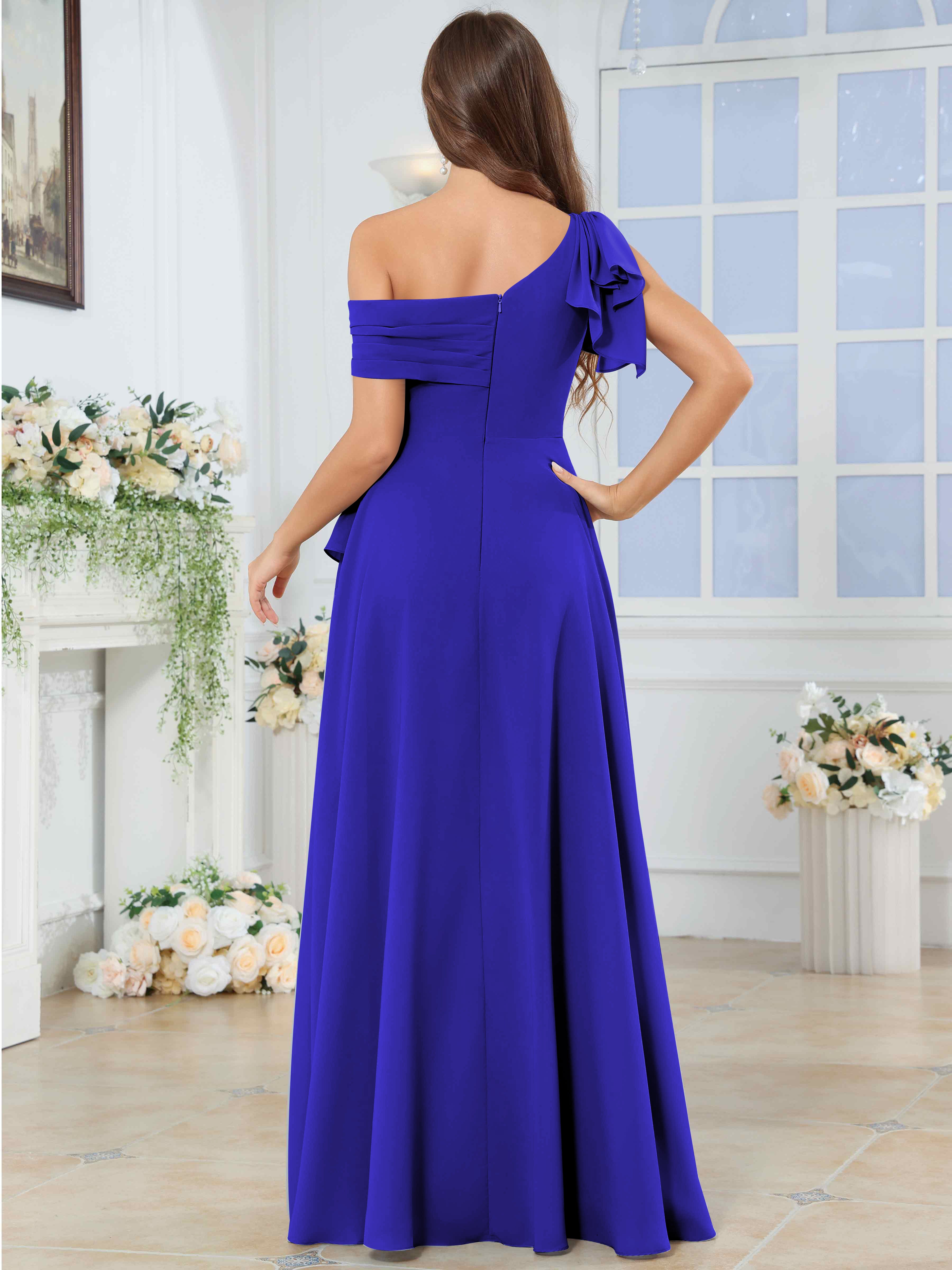 ROVDESY One Shoulder Pleated Ruffle Chiffon Bridesmaid Dress With Slit