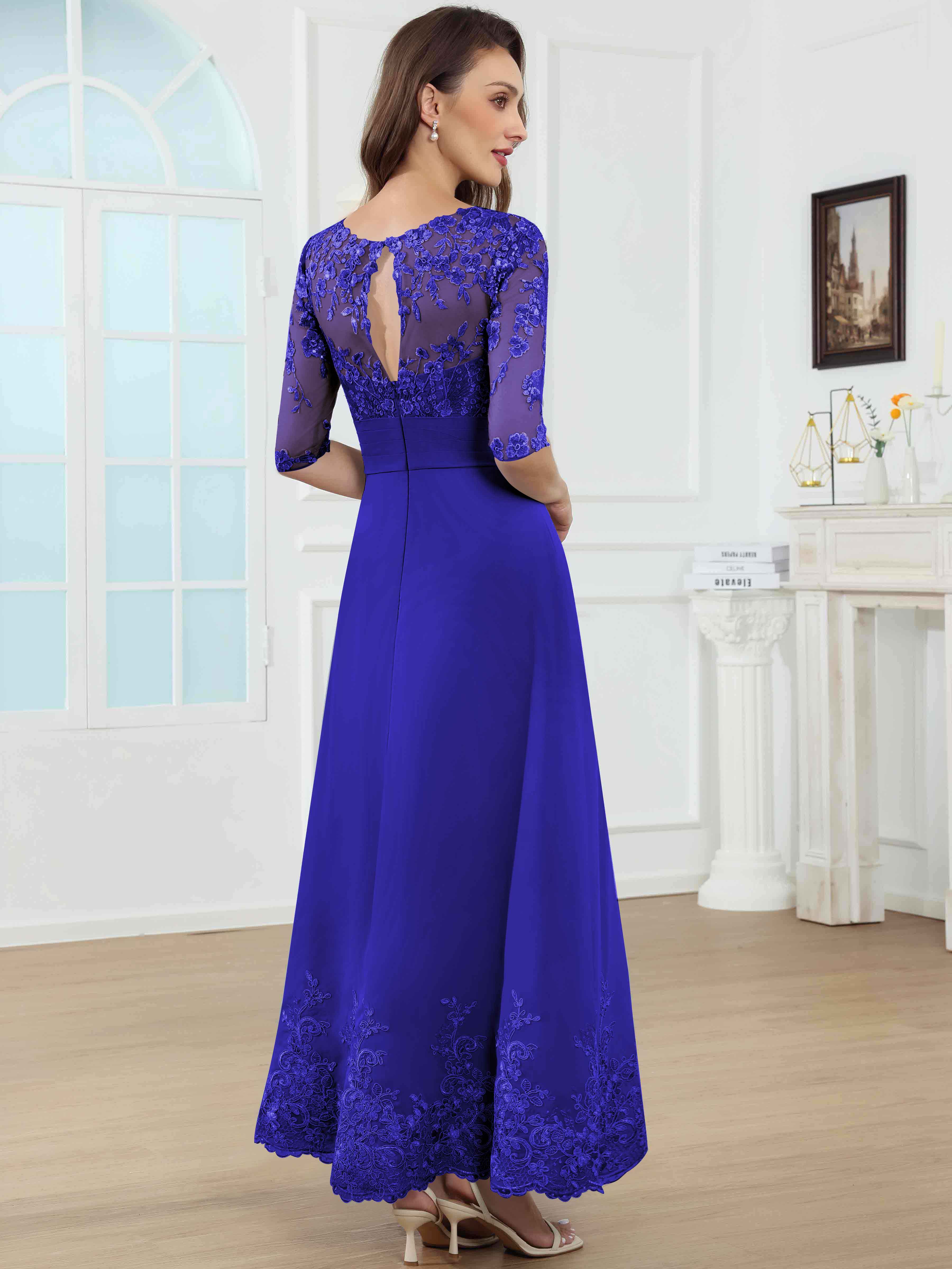 ROVDESY A-Line Lace Sequin Pleated Chiffon Mother Of The Bride Dress With Half Sleeves