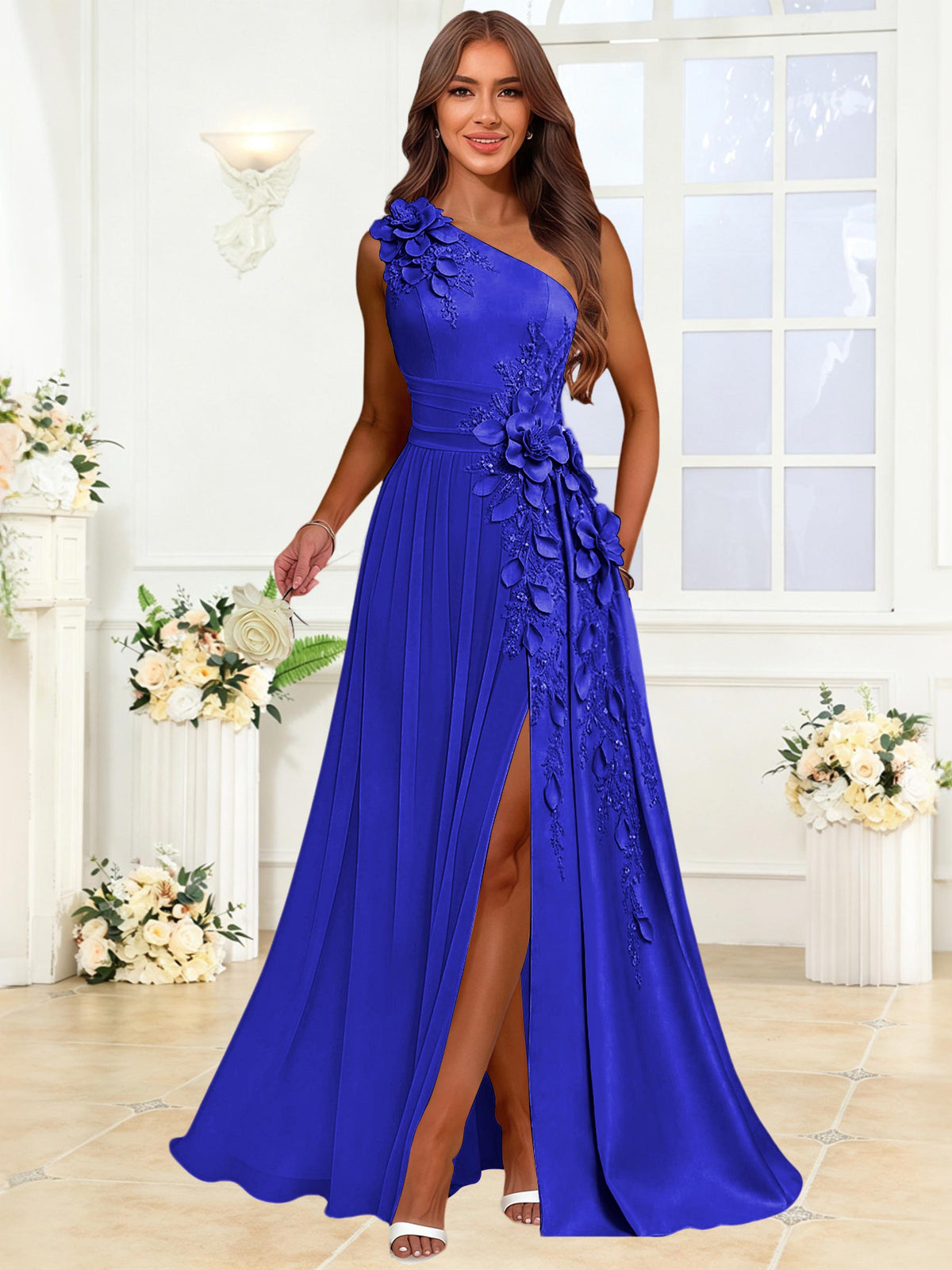 One Shoulder 3D Flower Chiffon Bridesmaid Dress with Slit