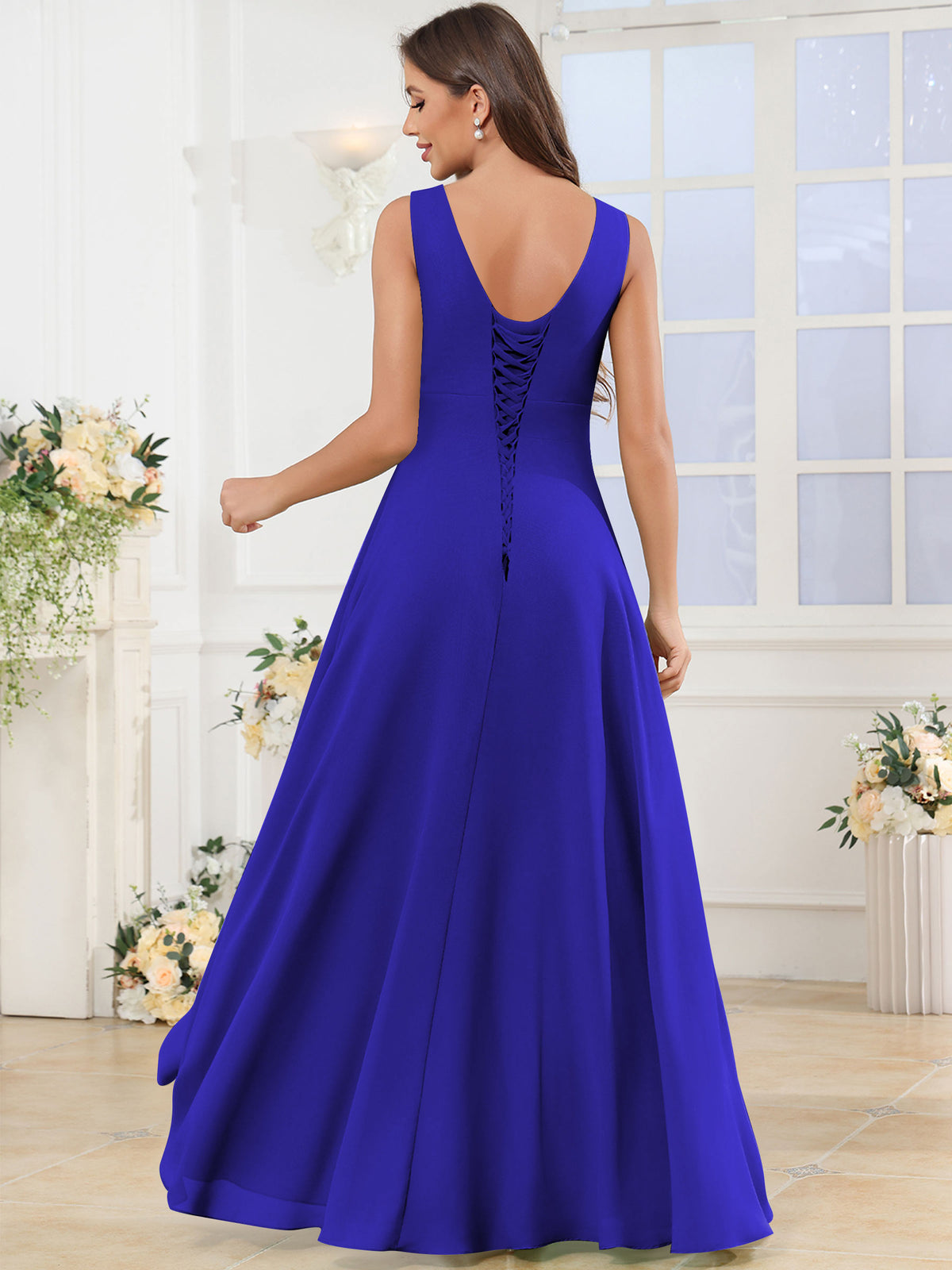 V Neck Chiffon A Line Ruffle Bridesmaid Dress with Slit