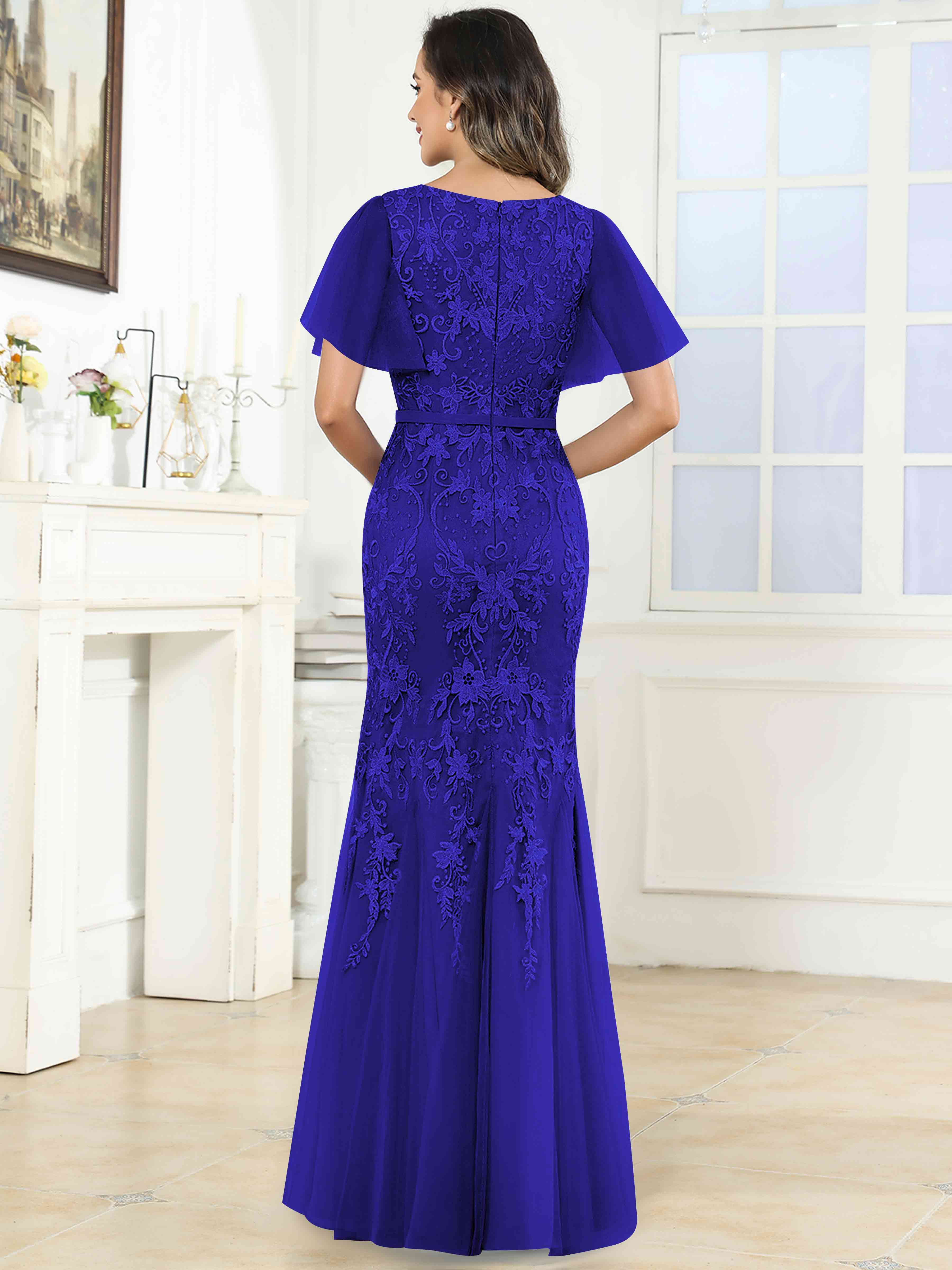ROVDESY Elegant V-Neck Lace Mermaid Long Mother Of The Bride Dress Formal Gown With Sleeves