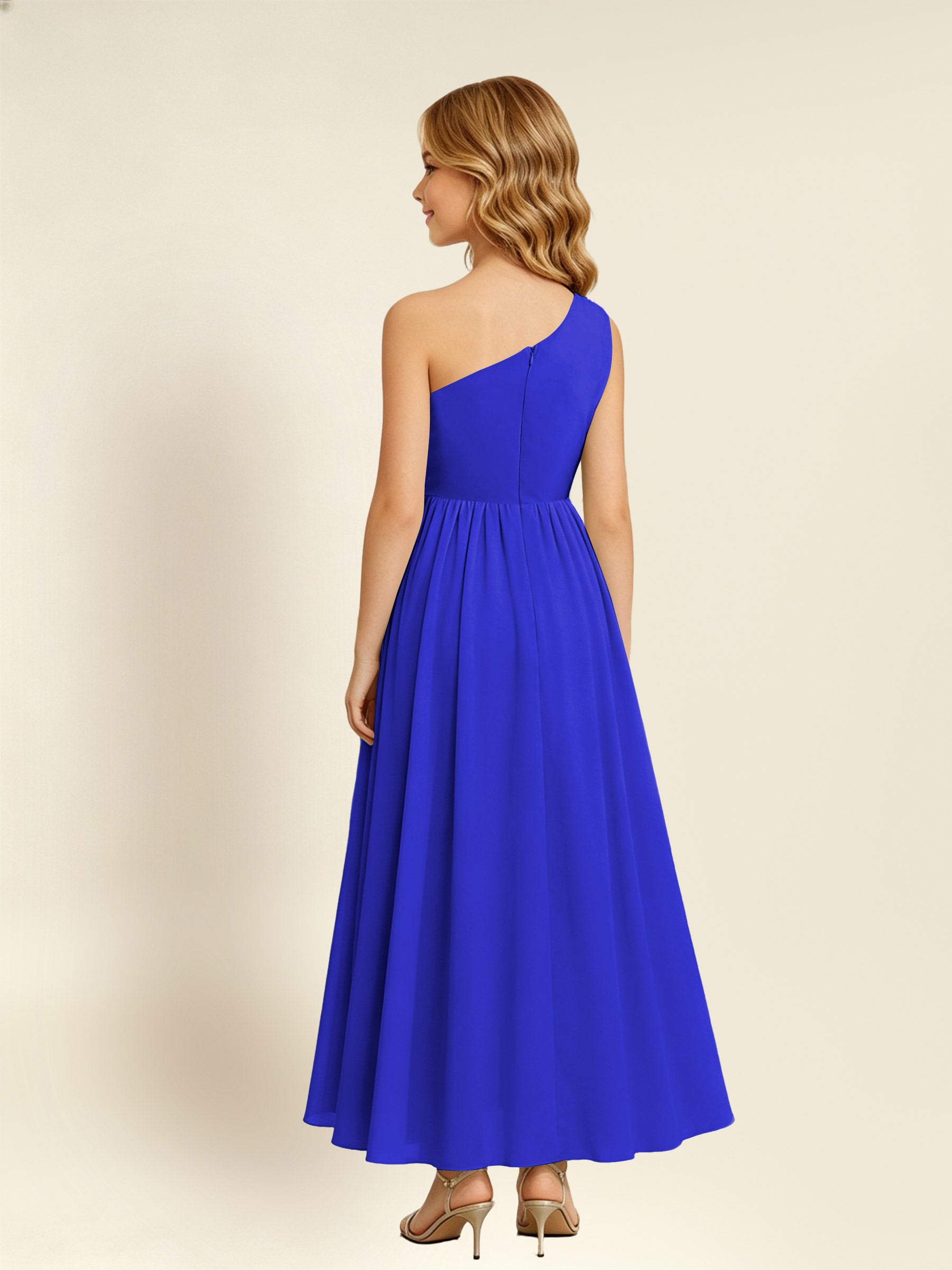ROVDESY One Shoulder Twist Waist Chiffon Junior Bridesmaid Maxi Dress