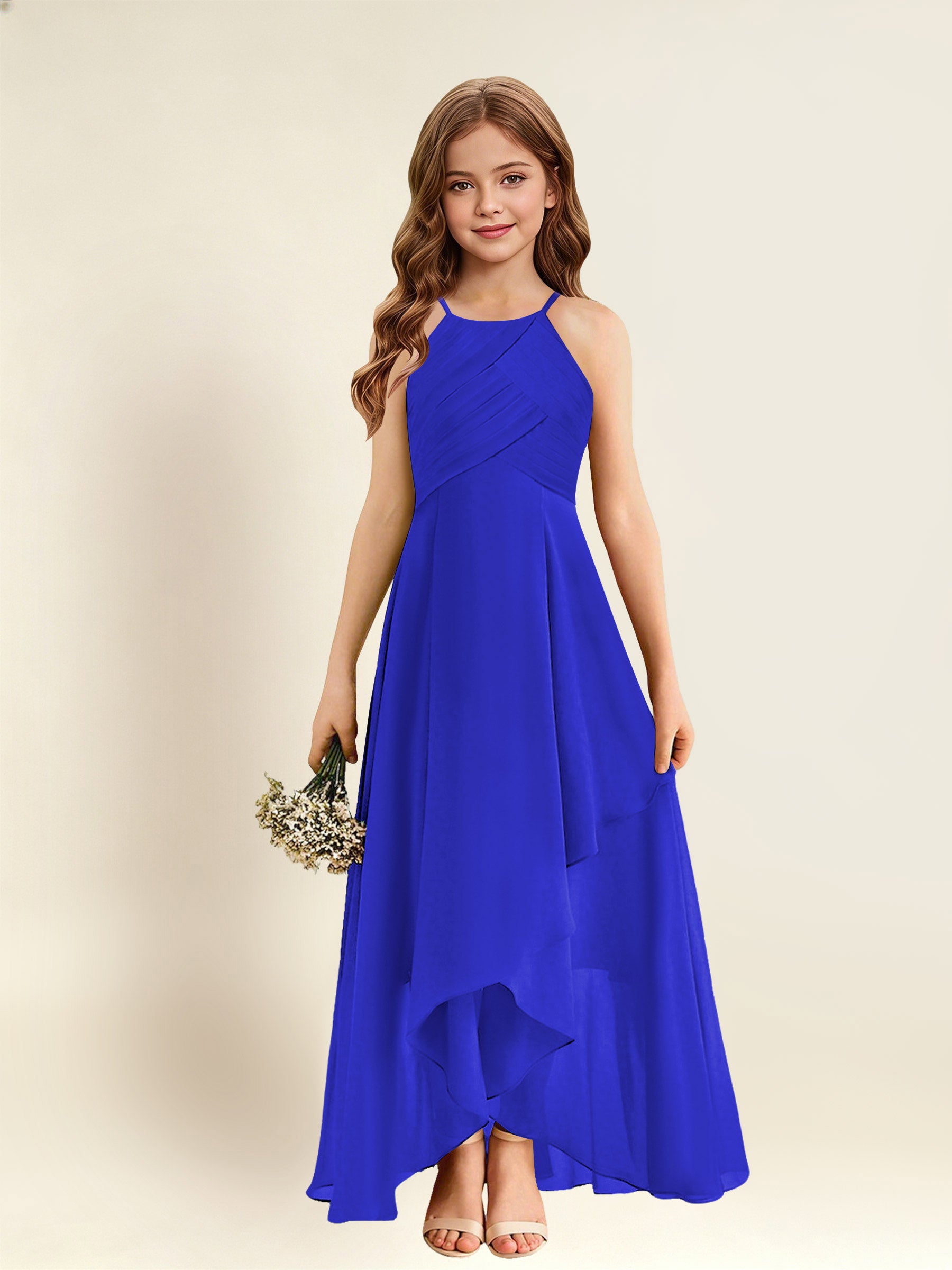 ROVDESY A-Line Halter Pleated Chiffon Junior Bridesmaid Dress