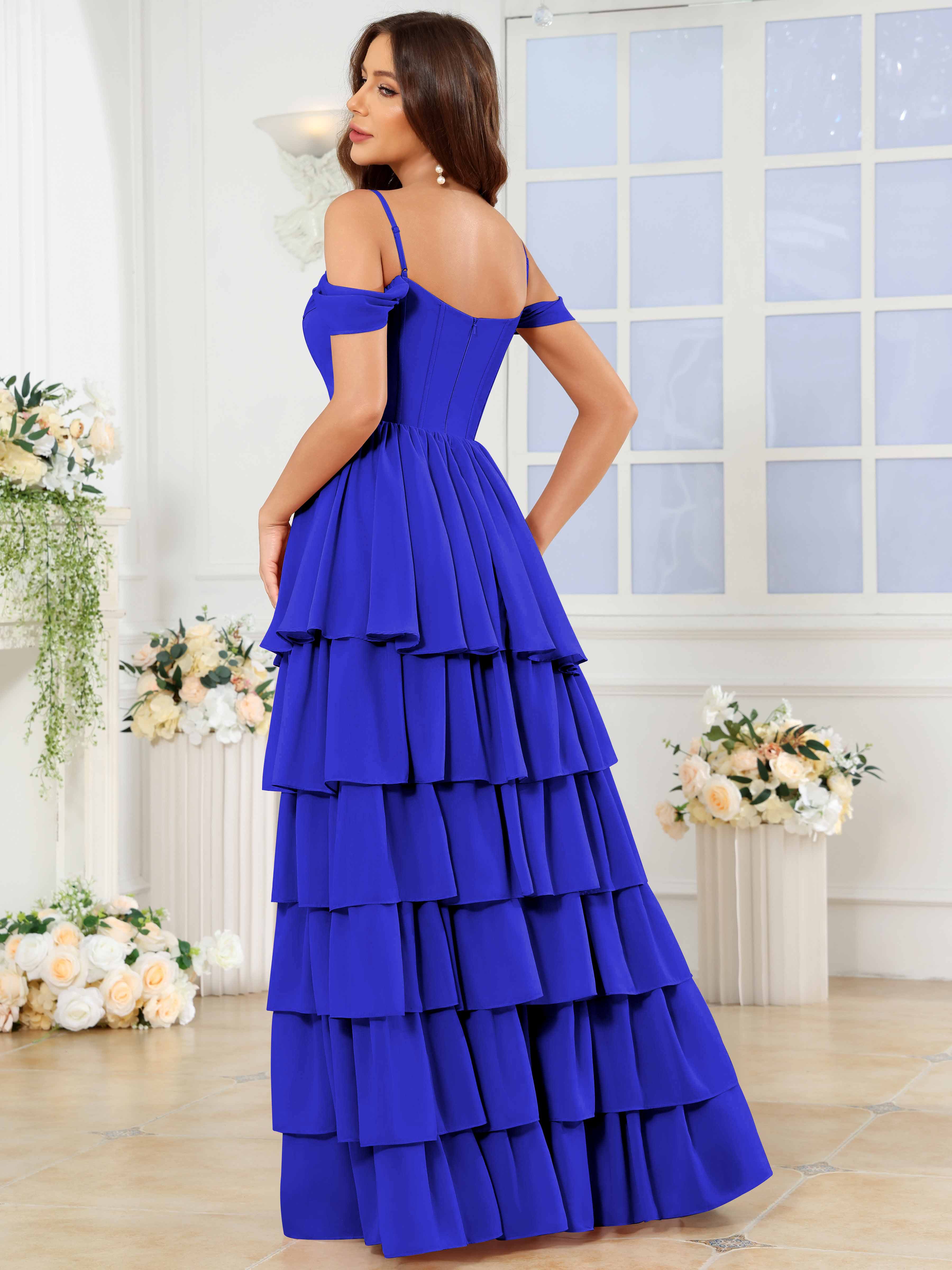 ROVDESY A-Line Off The Shoulder Tiered Chiffon Bridesmaid/Prom Dress With Slit