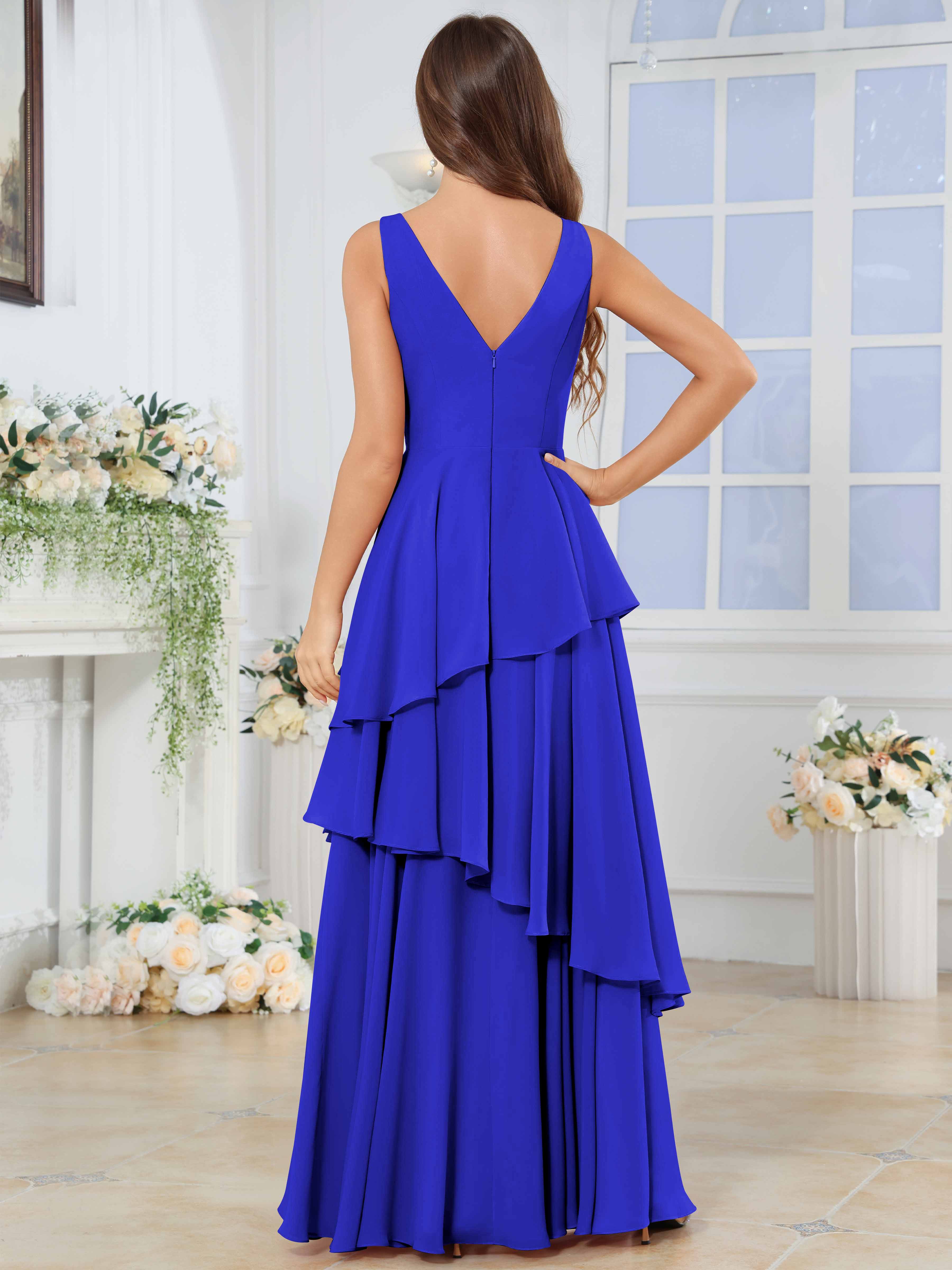 ROVDESY Long Sleeveless V-Neck Tiered Pleated Chiffon Bridesmaid Dress