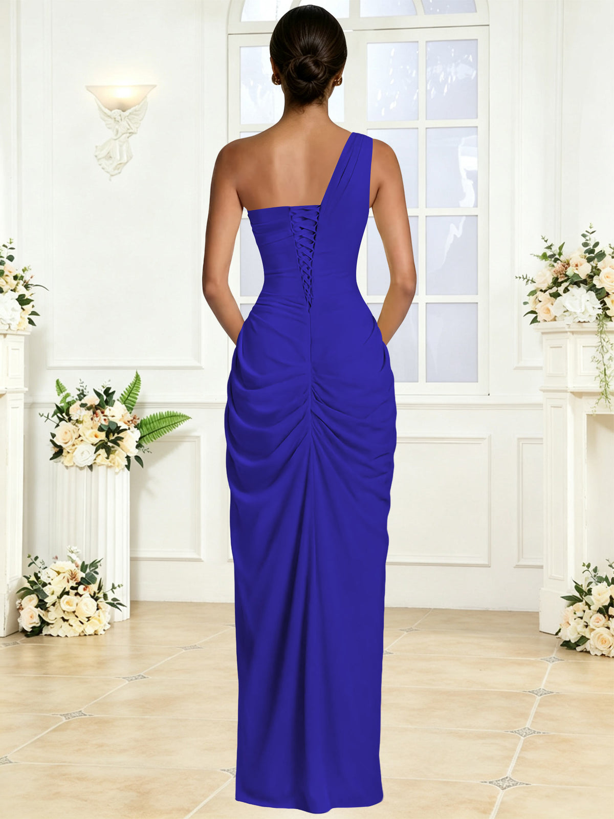 One Shoulder Chiffon Mermaid Long Bridesmaid Dress with Slit