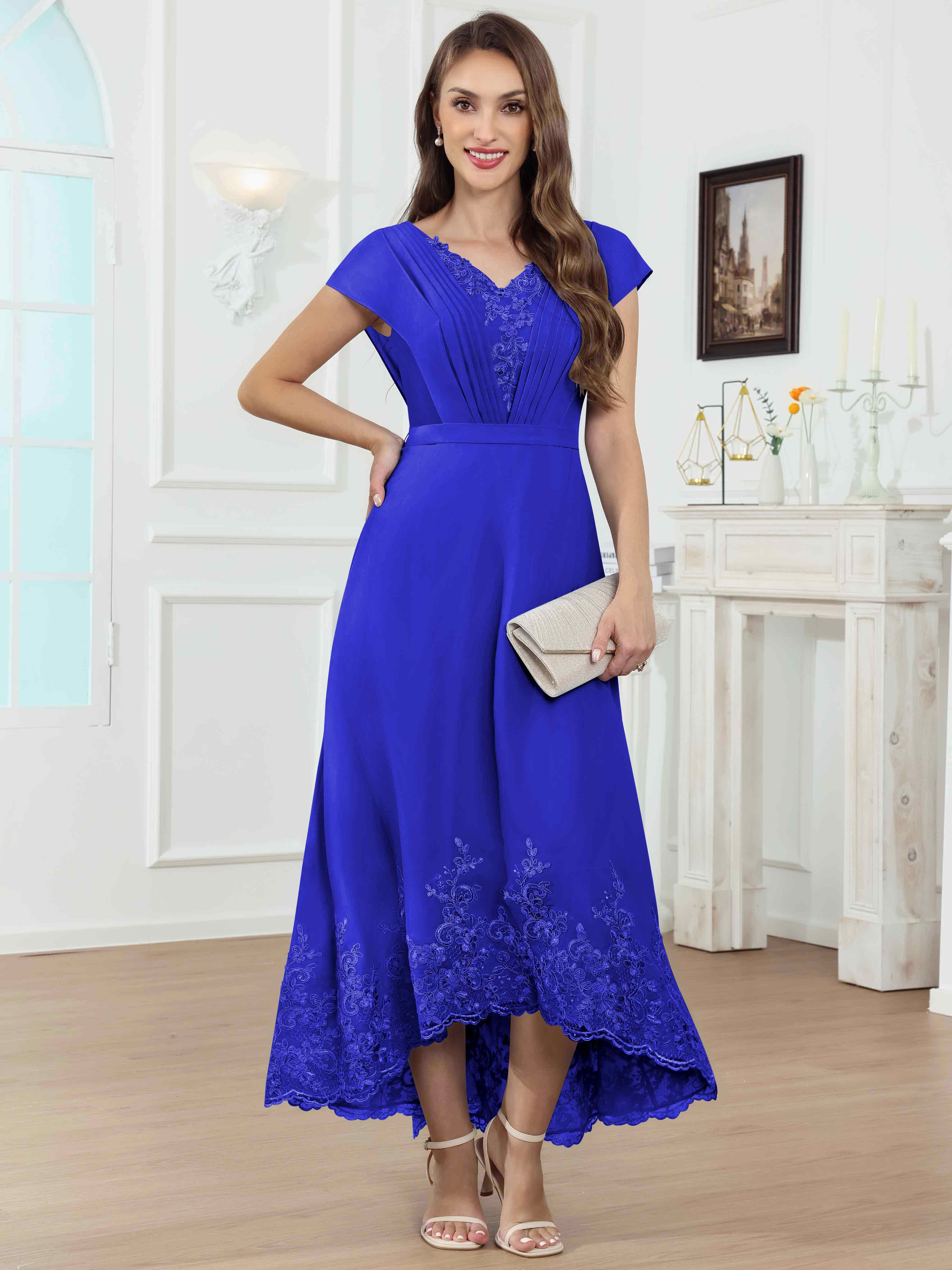 ROVDESY Tea Length High-Low V-Neck Ruched Lace Chiffon Mother of The Bride Dress for Women