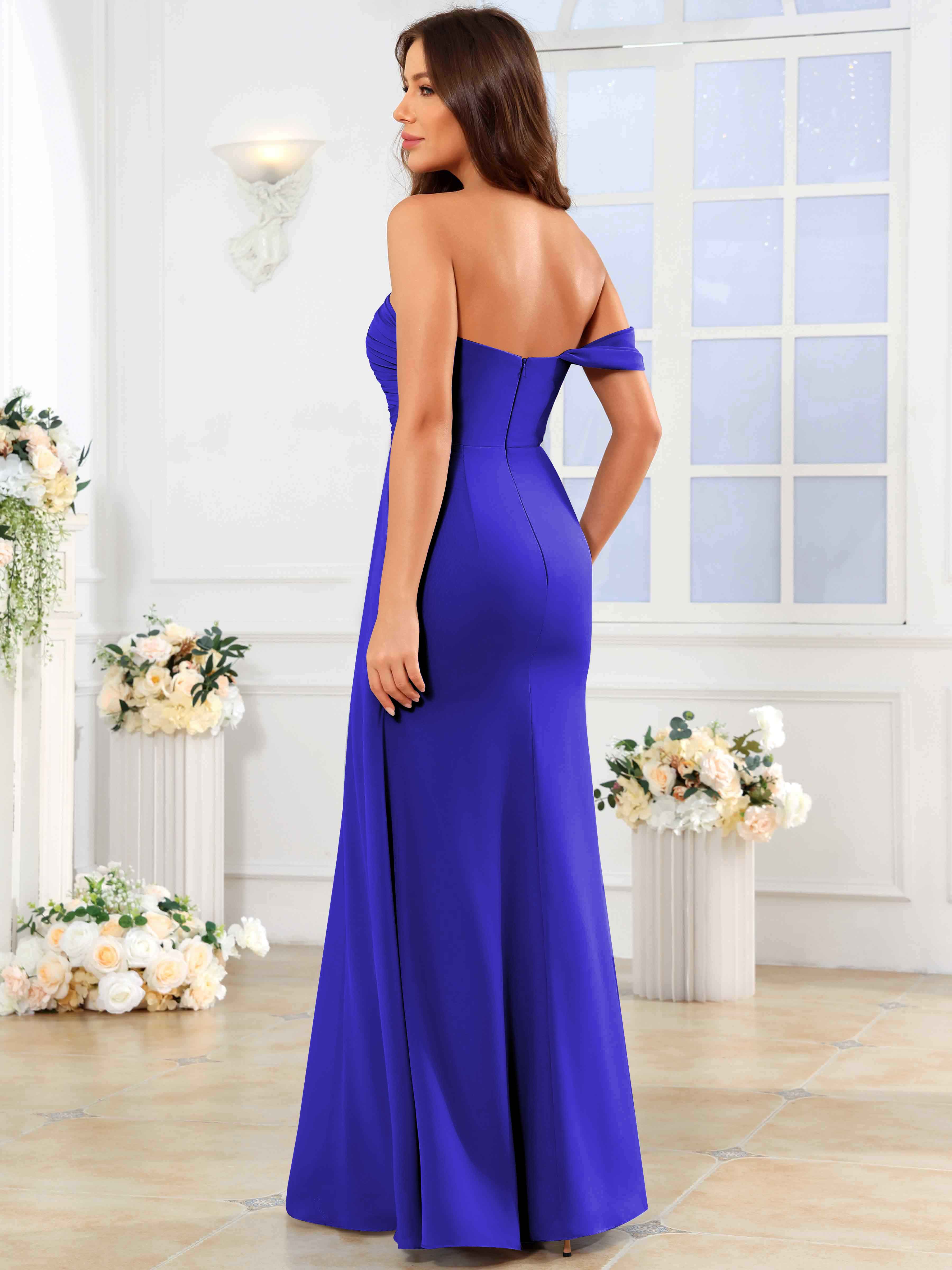 ROVDESY One Shoulder Off The Shoulder Pleated Chiffon Bridesmaid Dress