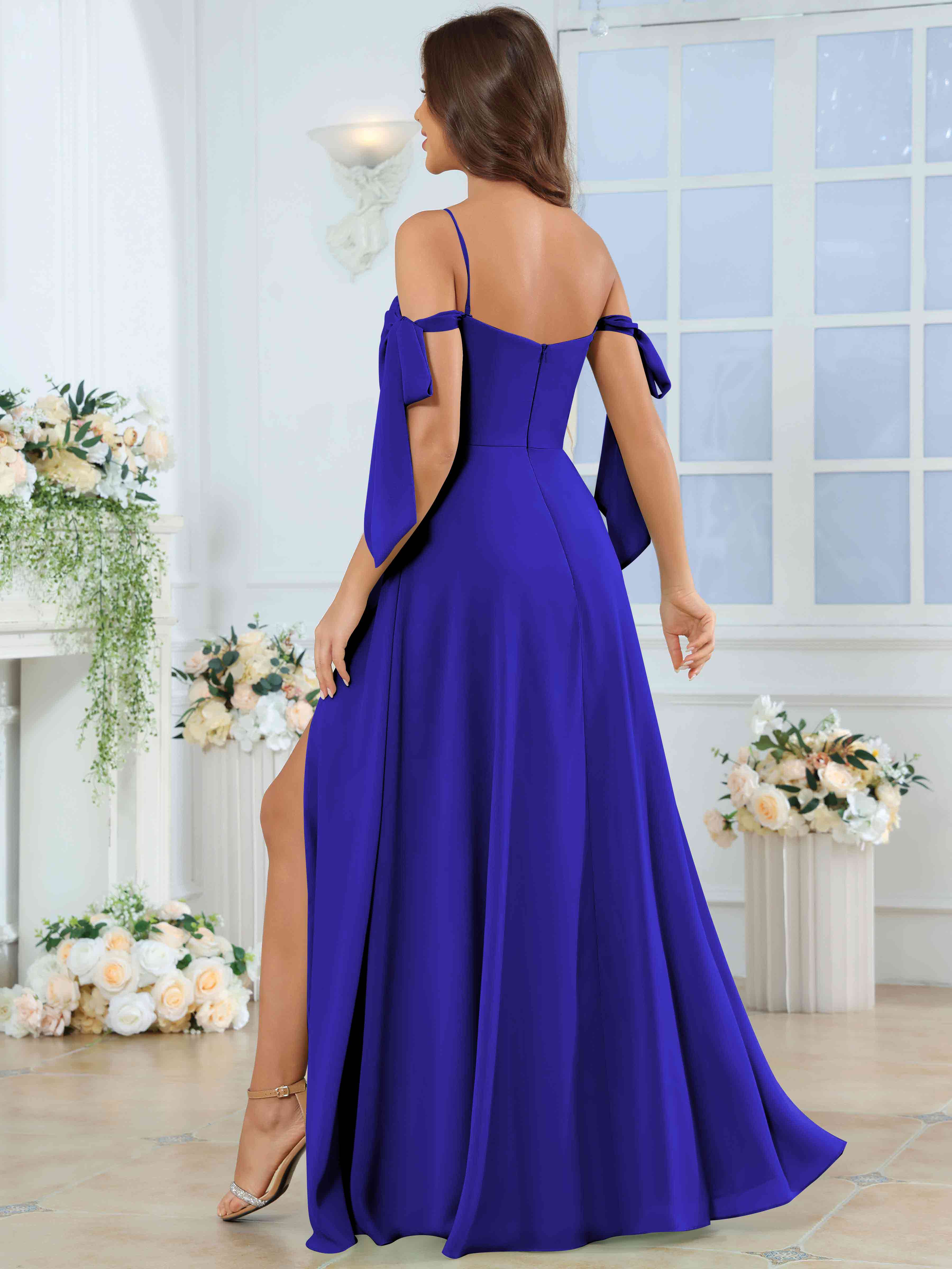 ROVDESY Spaghetti Strap Pleated Ruffle Slit Chiffon Bridesmaid Dress With Bow Sleeves