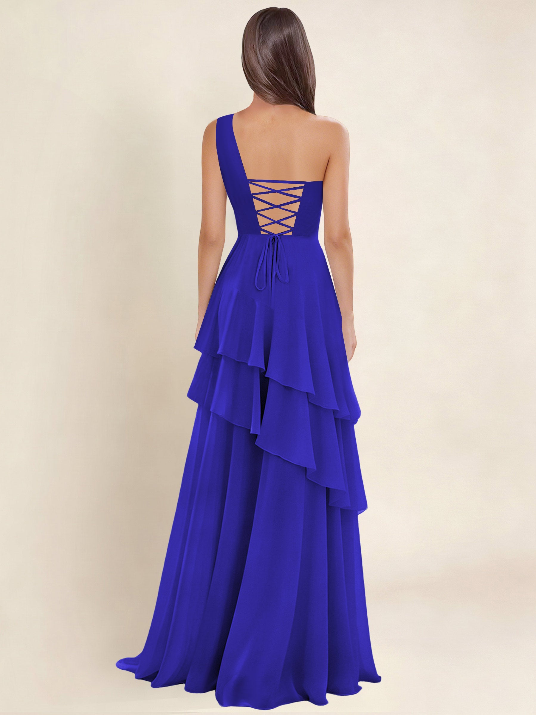 ROVDESY A-Line One Shoulder Pleated Tiered Chiffon Bridesmaid Dress