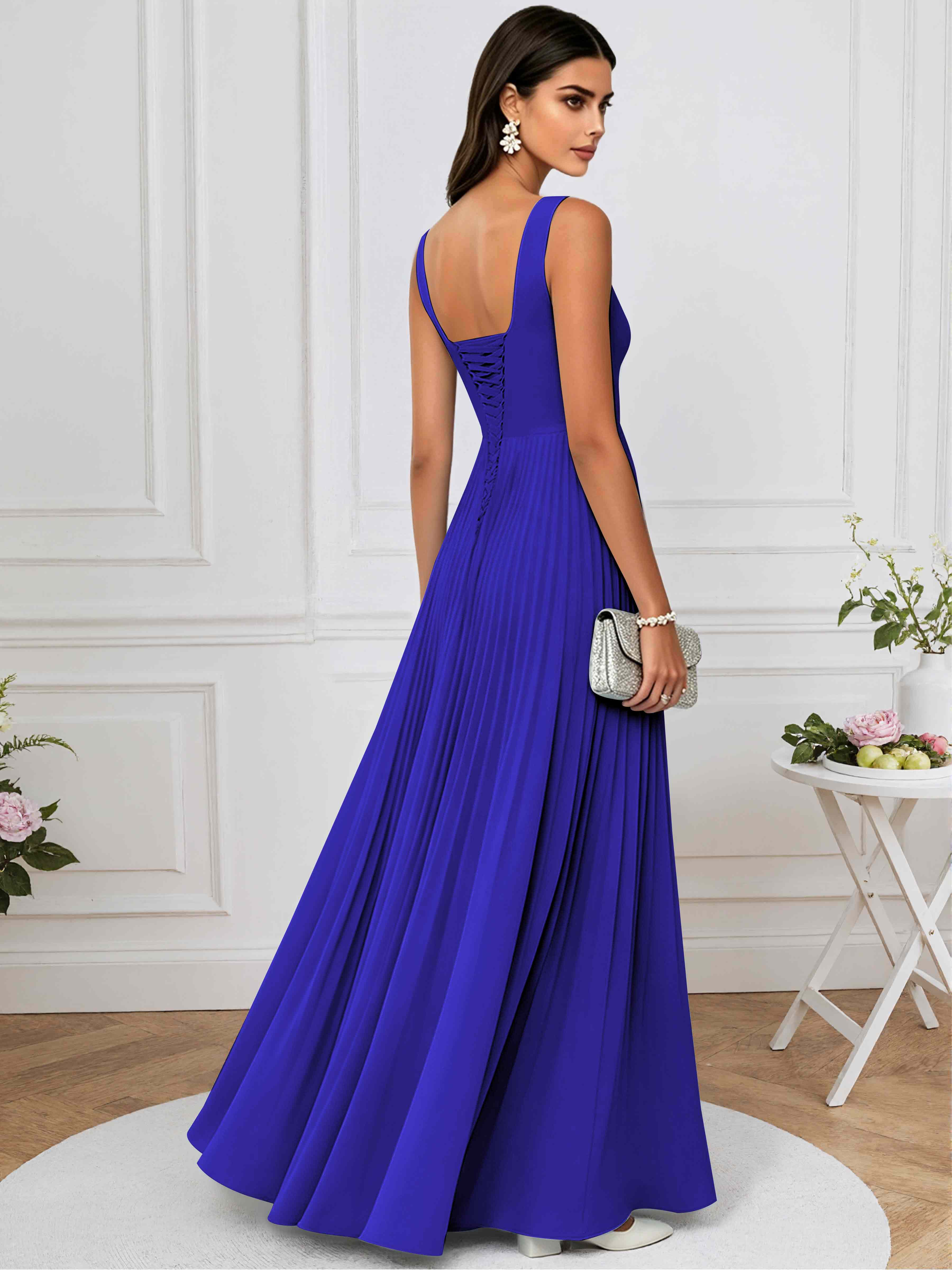 ROVDESY A-Line Square Neck Pleated Chiffon Long Bridesmaid/Prom Dress