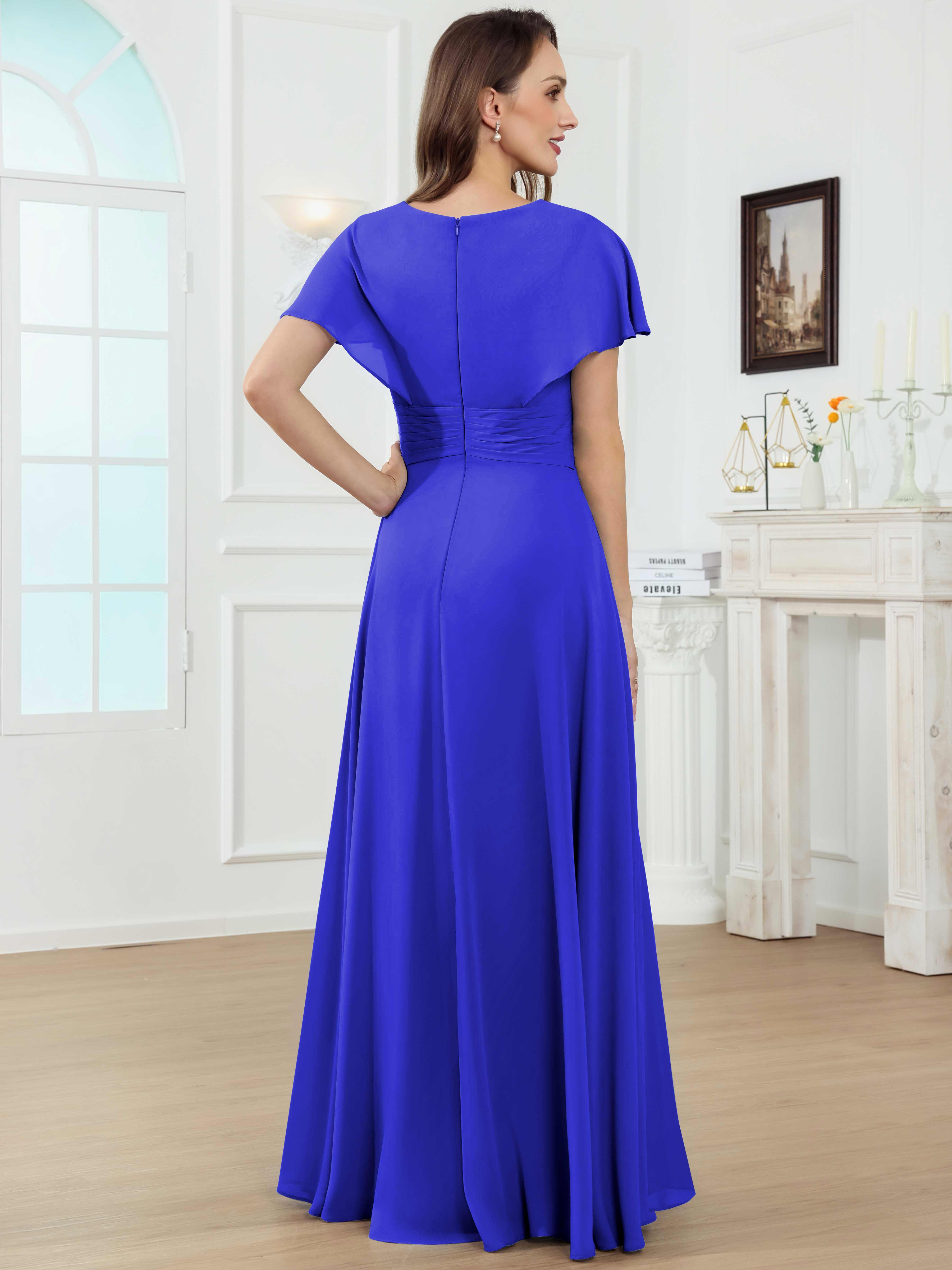 ROVDESY A-Line V-Neck Pleated Lace Chiffon Mother Of The Bride Dress With Short Sleeves
