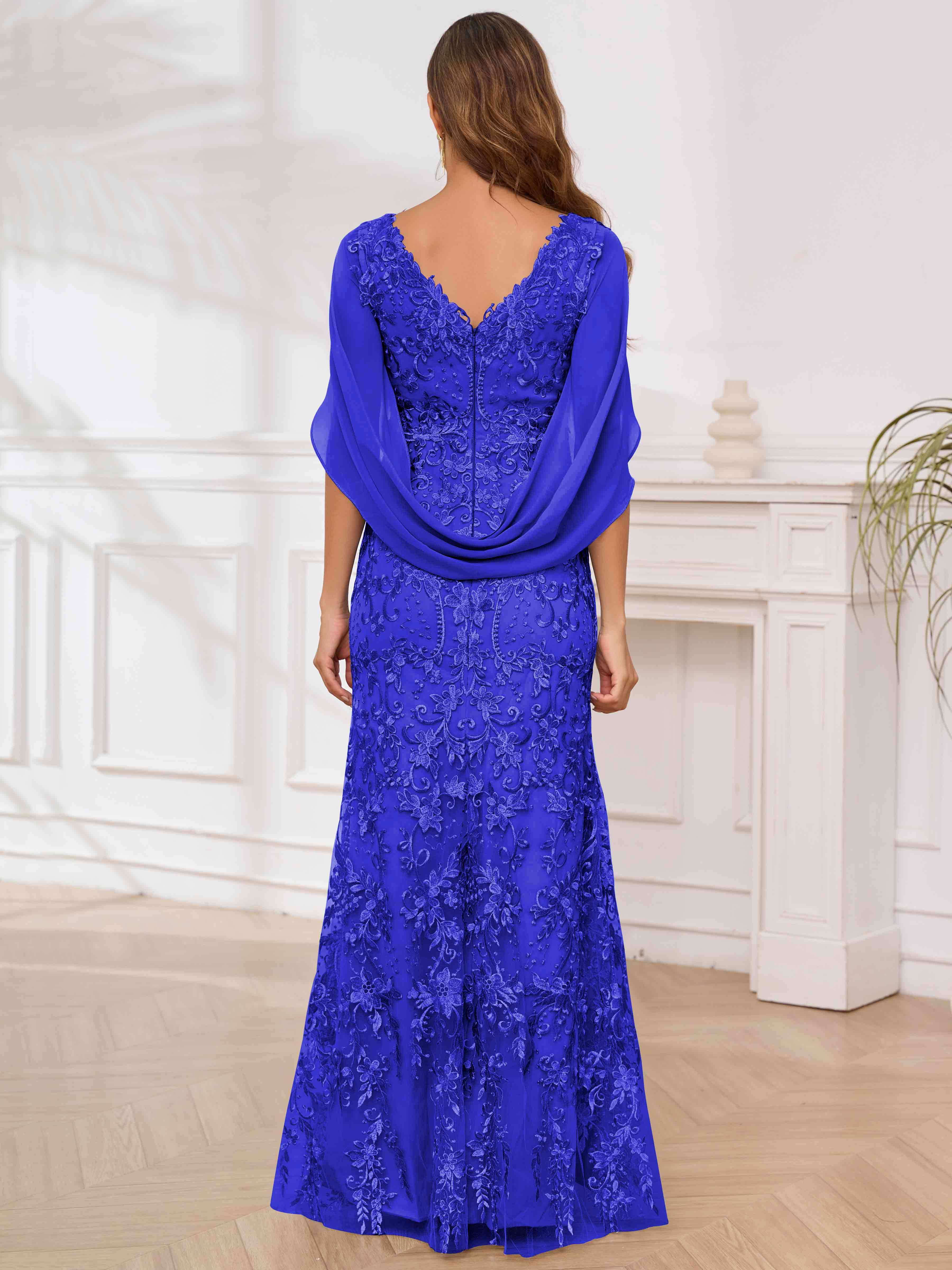 ROVDESY V-Neck Lace Mermaid Mother Of The Bride Dress With Cape Sleeves Long Formal Gown