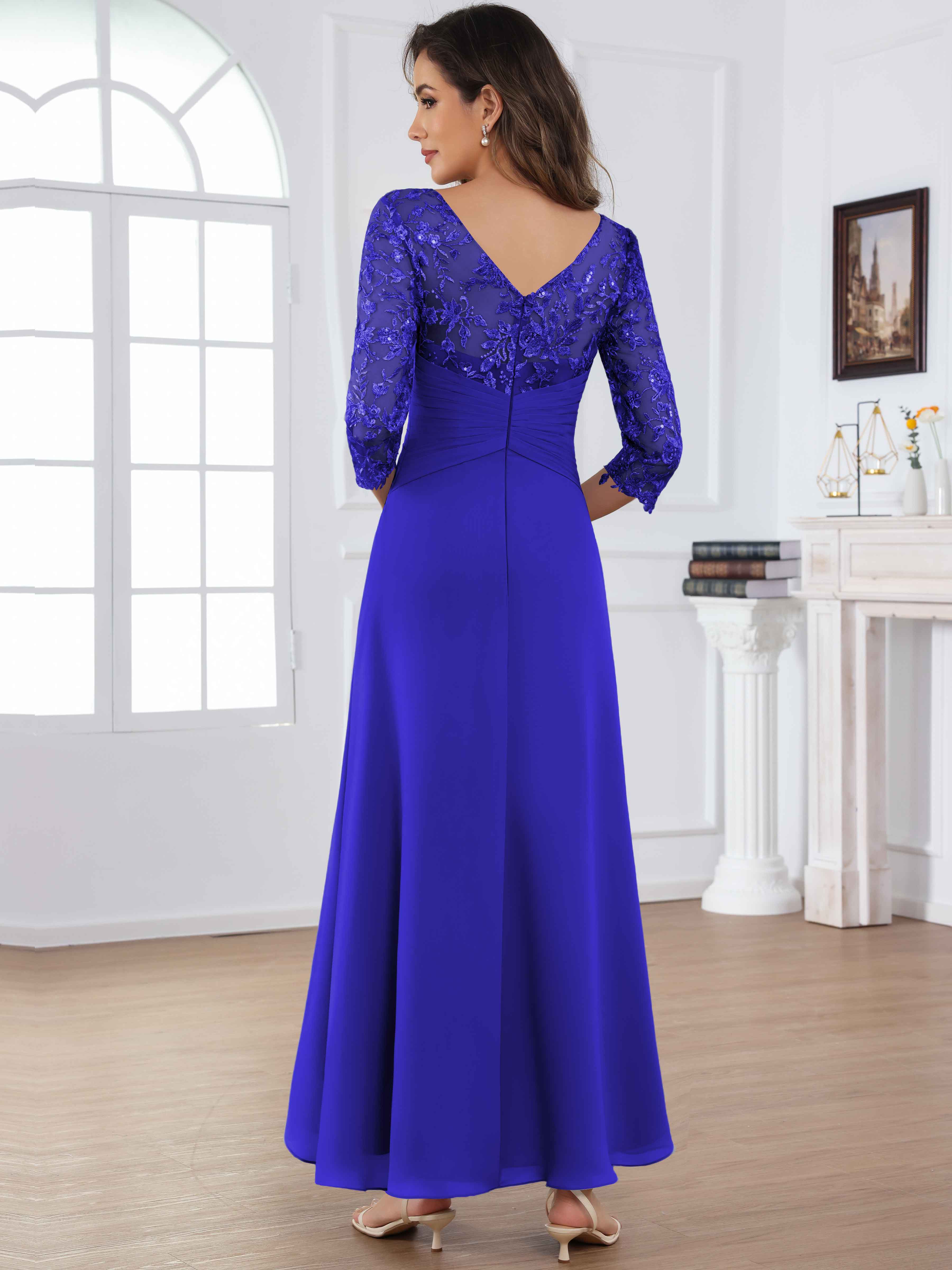 ROVDESY Tea Length Lace Chiffon Mother of The Bride Dress with 3/4 Sleeves