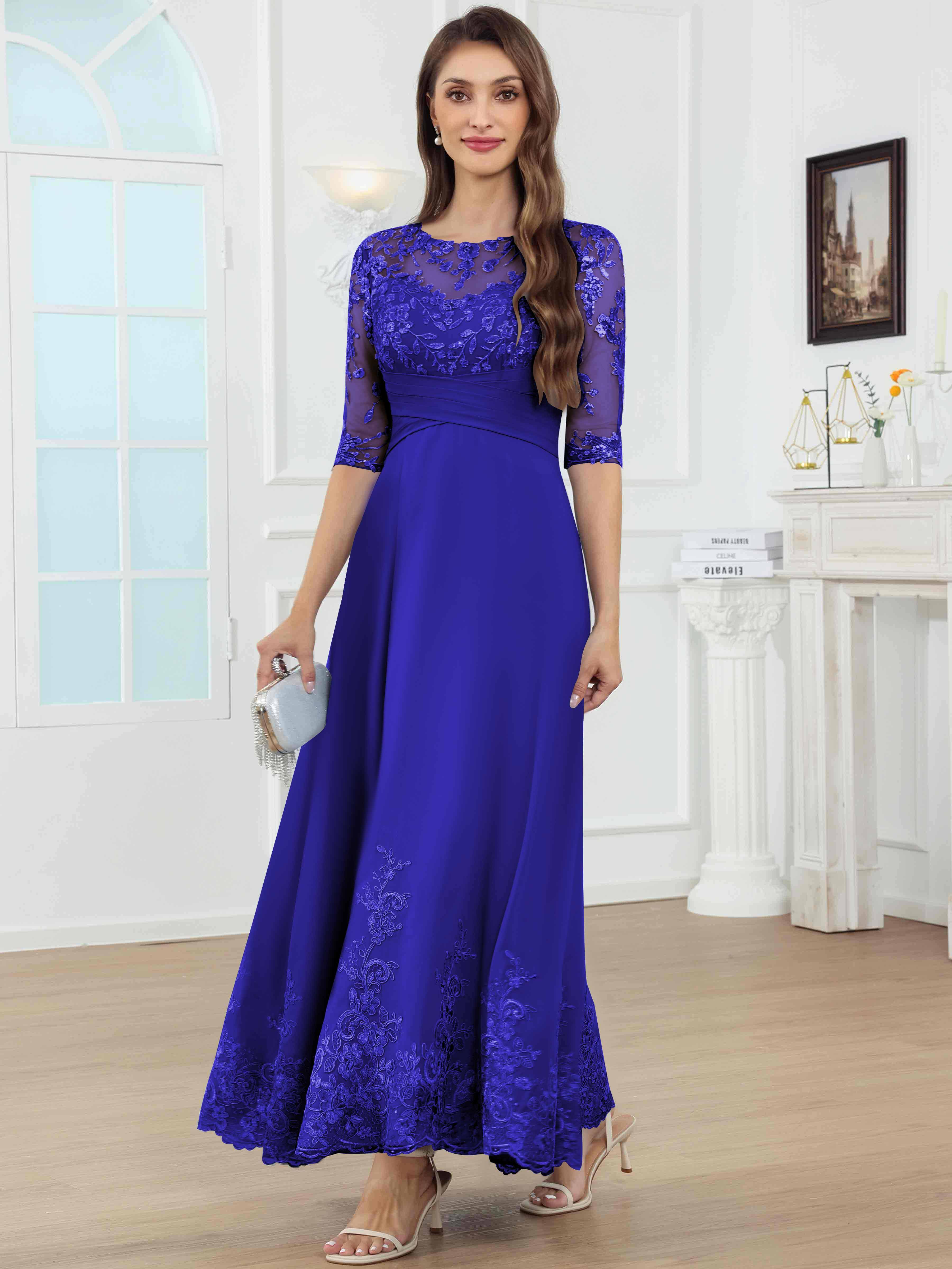 ROVDESY A-Line Lace Sequin Pleated Chiffon Mother Of The Bride Dress With Half Sleeves