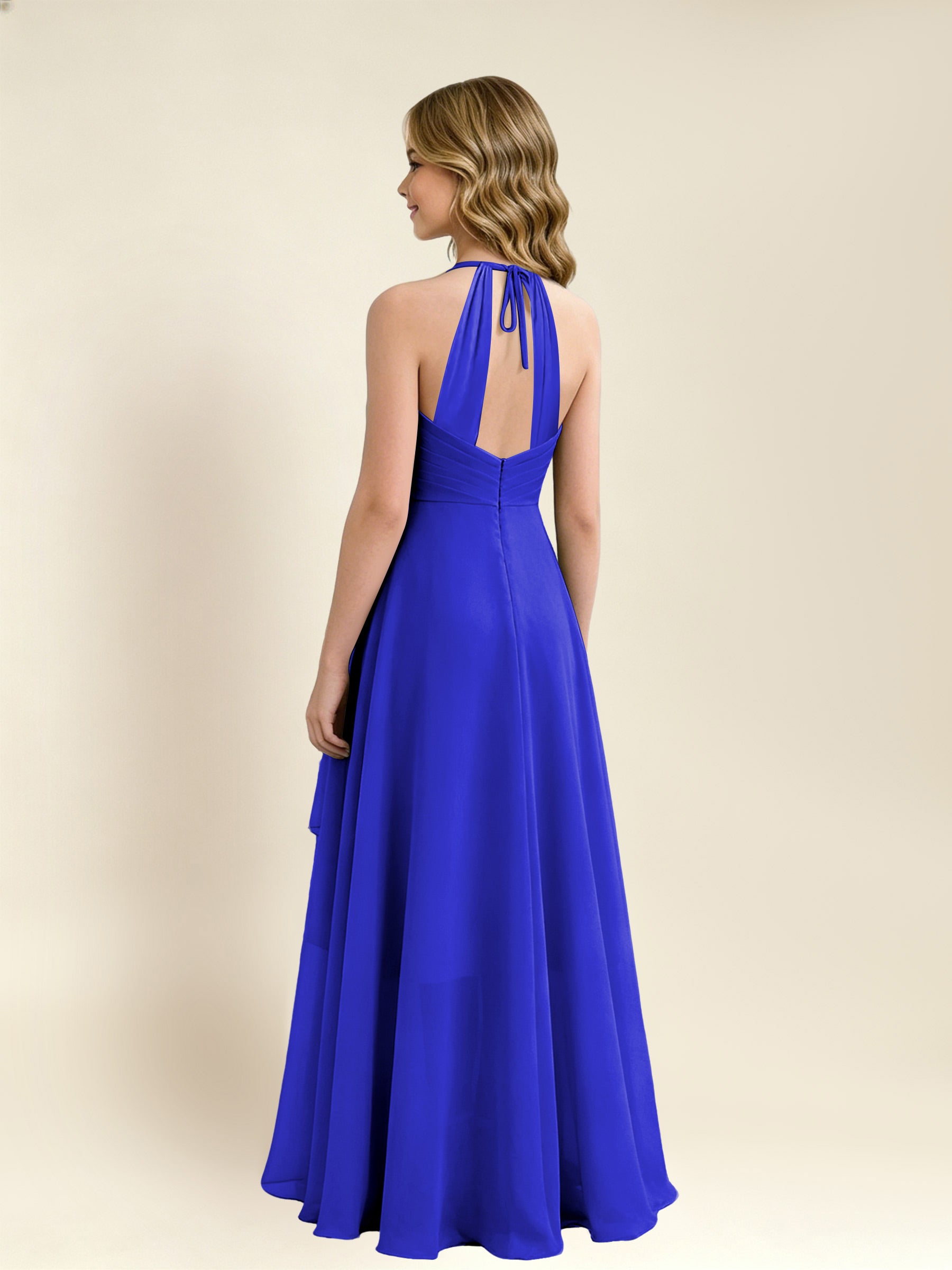 ROVDESY A-Line Halter Pleated Chiffon Junior Bridesmaid Dress