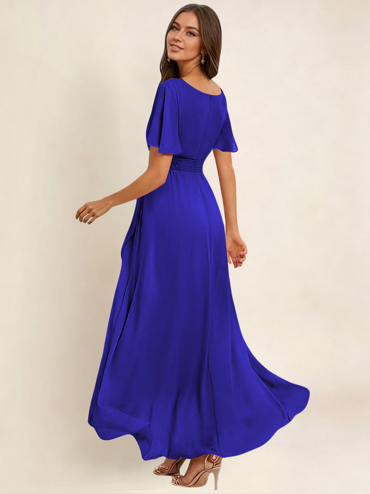 ROVDESY A-Line High Low Round Neck Pleated Ruffle Chiffon Bridesmaid Dress With Short Sleeves